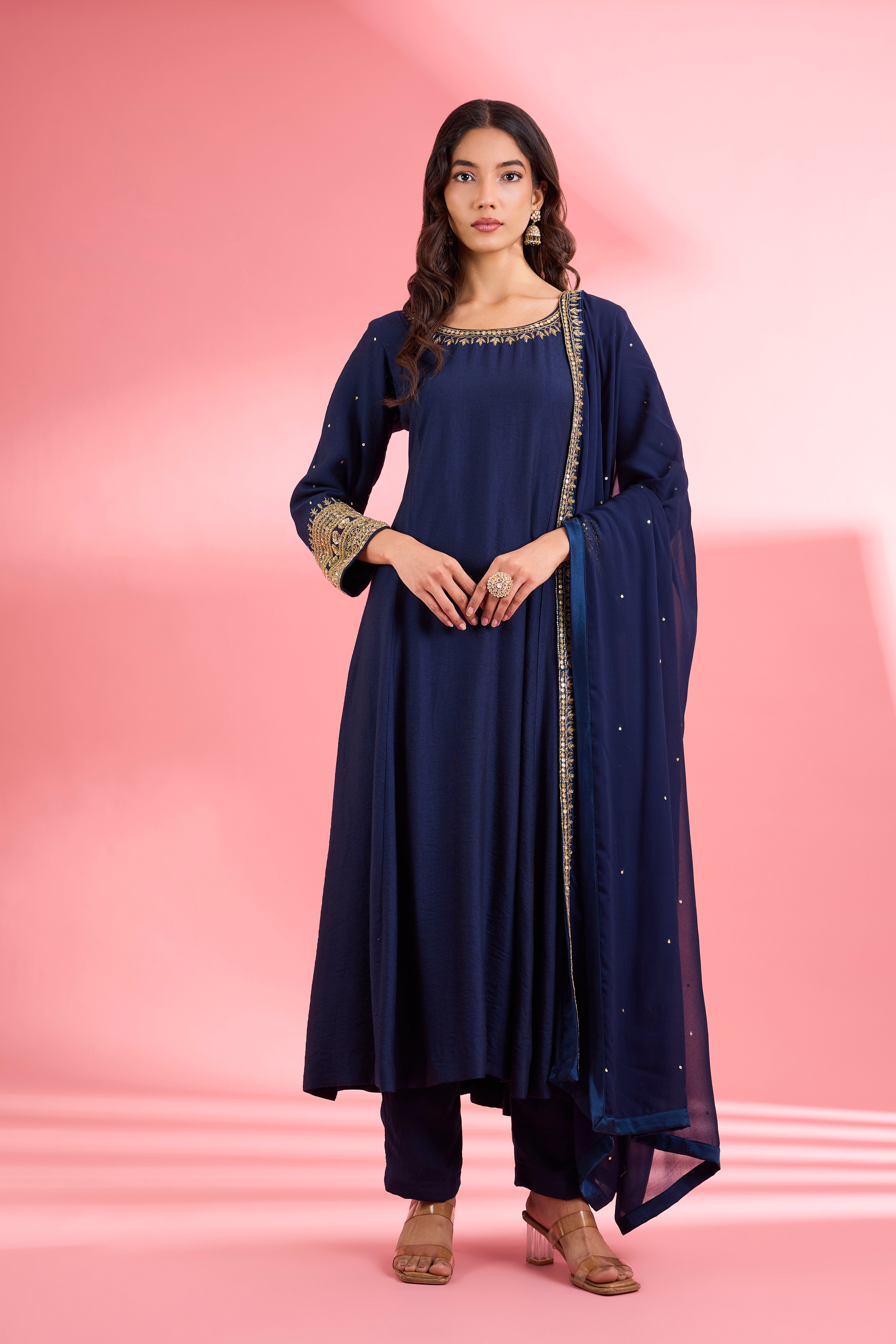 Dark Blue Katan Silk Hand Embroidered Kurta Set