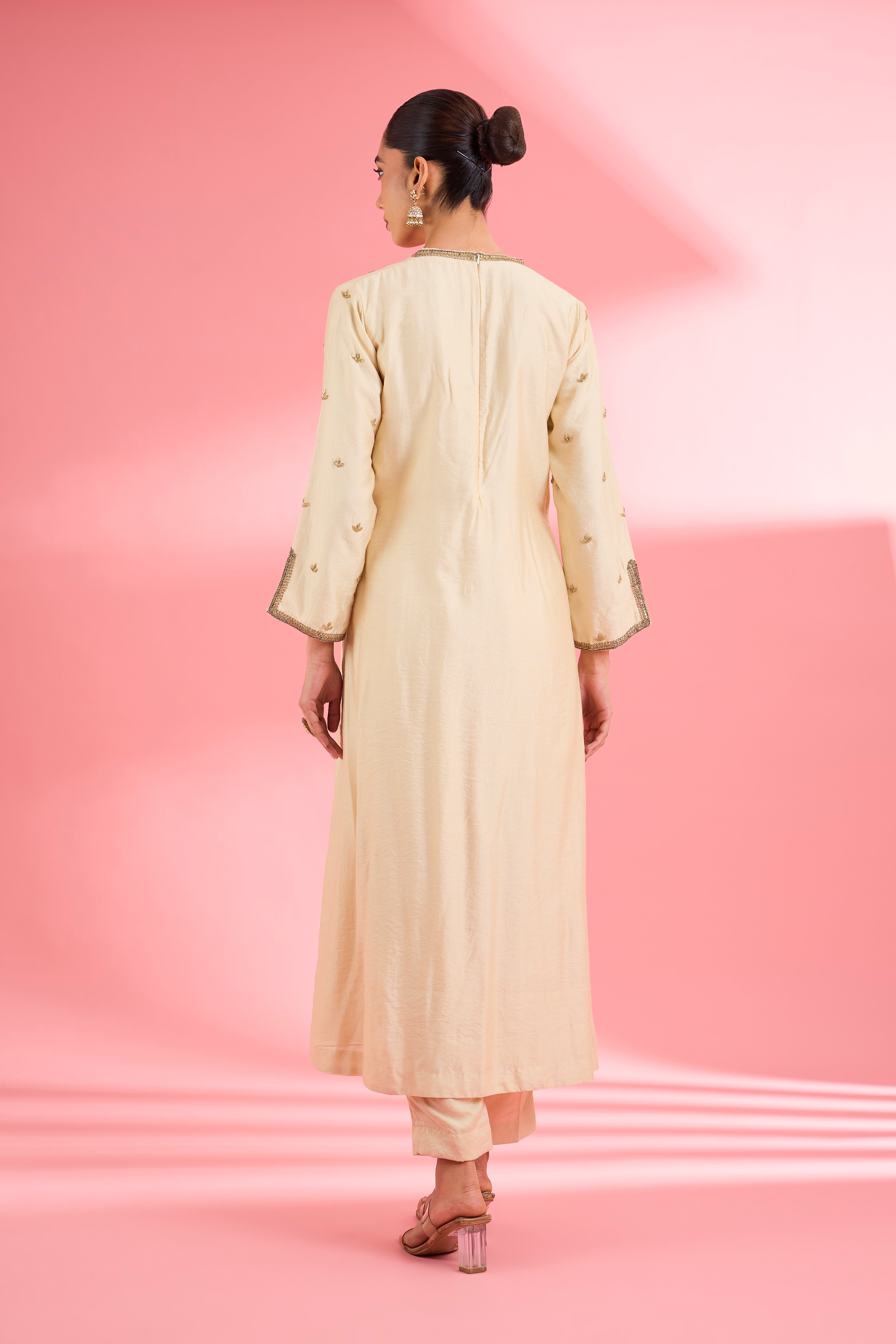 Light Beige Katan Silk Hand Embroidered Kurta Set