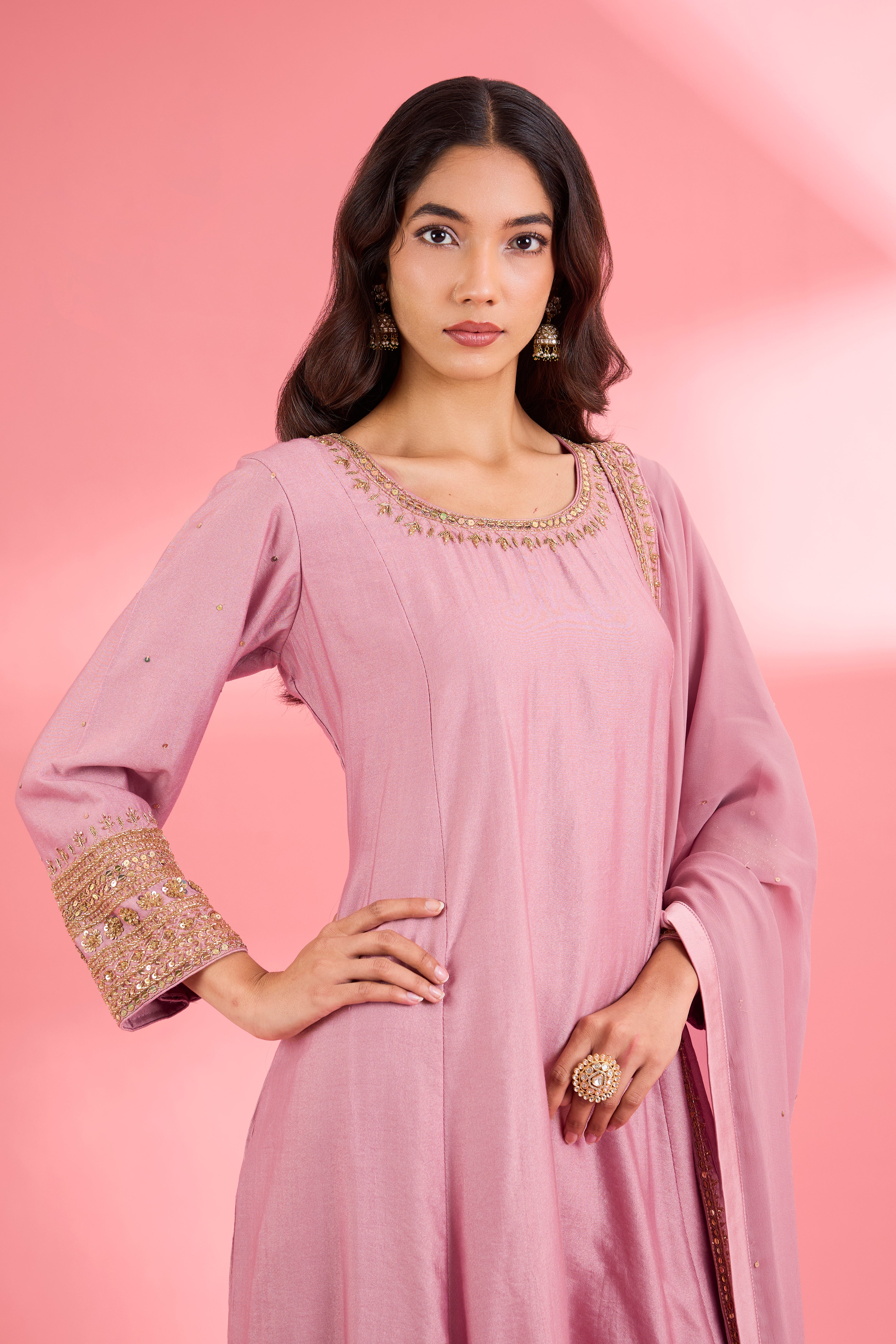 Pink Katan Silk Hand Embroidered Kurta Set