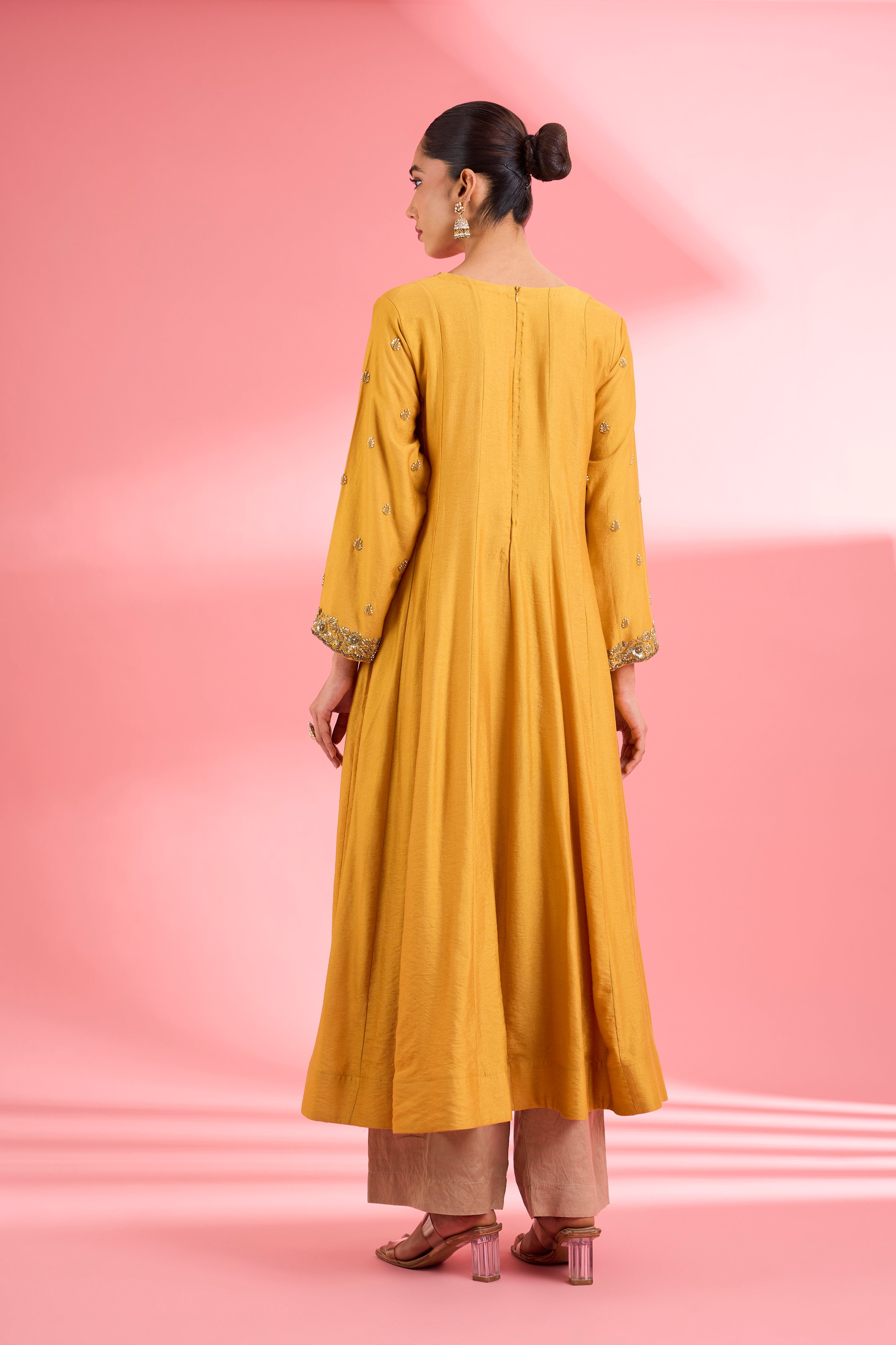Mustard Katan Silk Anarkali Pant Set With Hand Embroidery