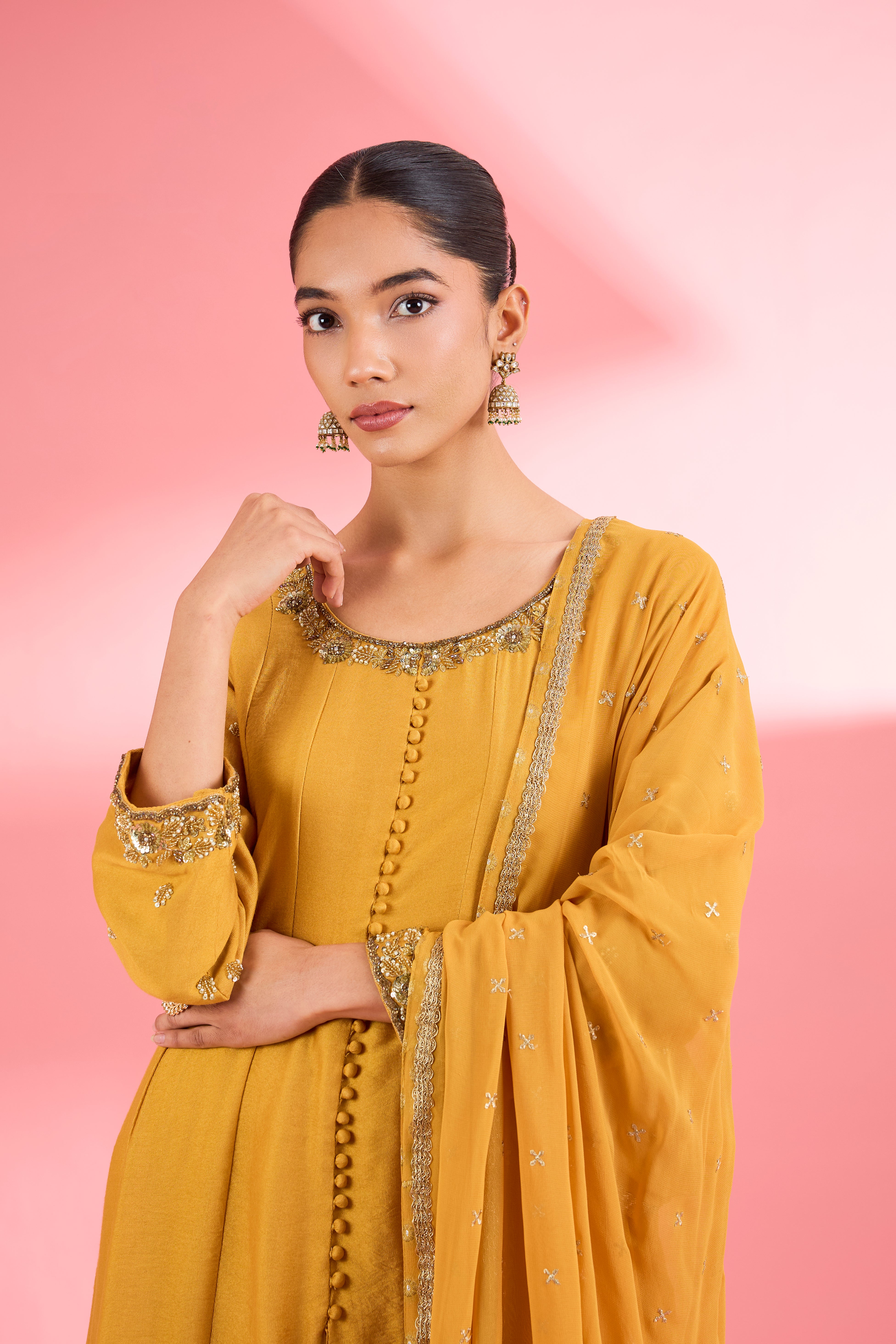 Mustard Katan Silk Anarkali Pant Set With Hand Embroidery