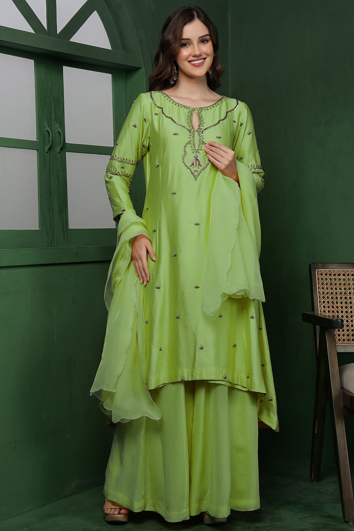 Light Green Katan Silk Kurta Set With Pearl, Cutdana , Sequins Work .