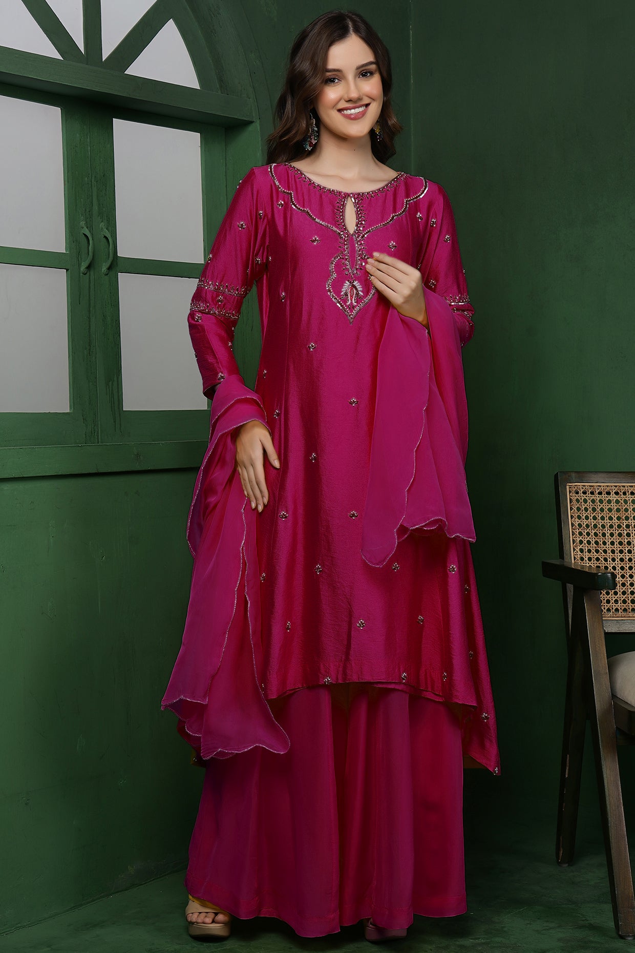 Wine Katan Silk Kurta Set With Pearl, Cutdana , Sequins Work .