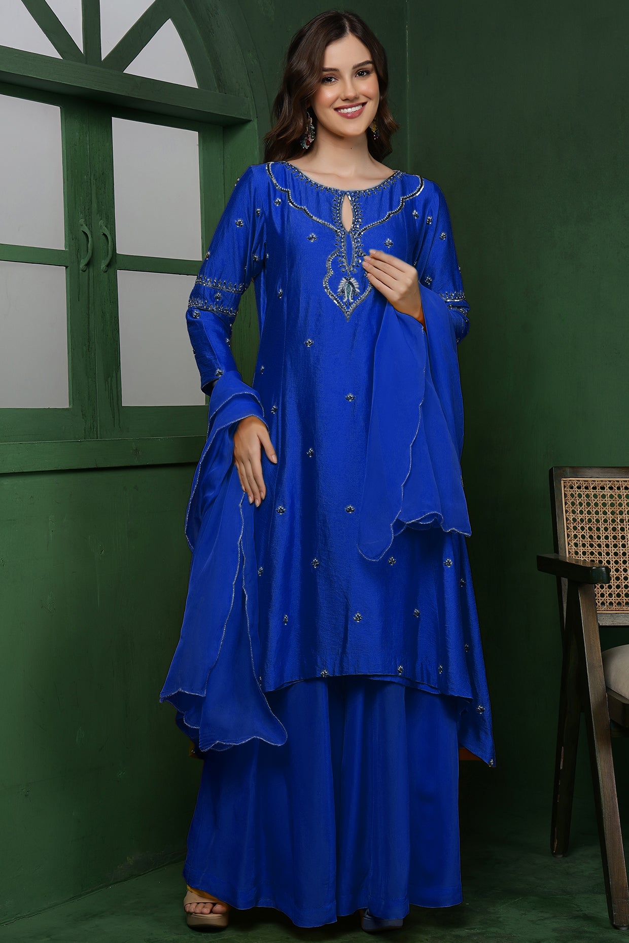 Royal Blue Katan Silk Kurta Set With Pearl, Cutdana , Sequins Work .