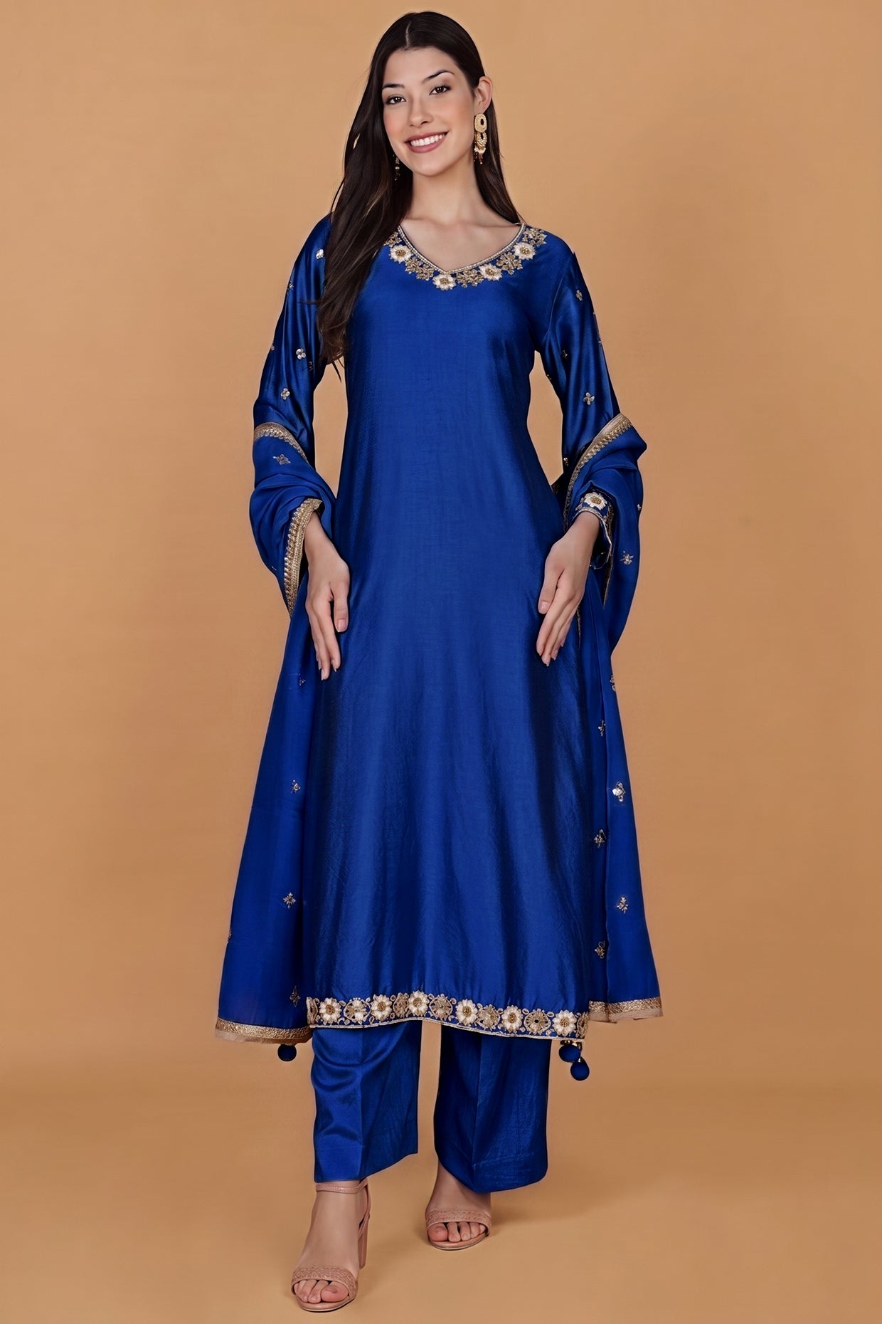Royal Blue Self Katan Kurta Pant Set With Cutdana Pearl Mirror Embroiderey And Organza Duppatta