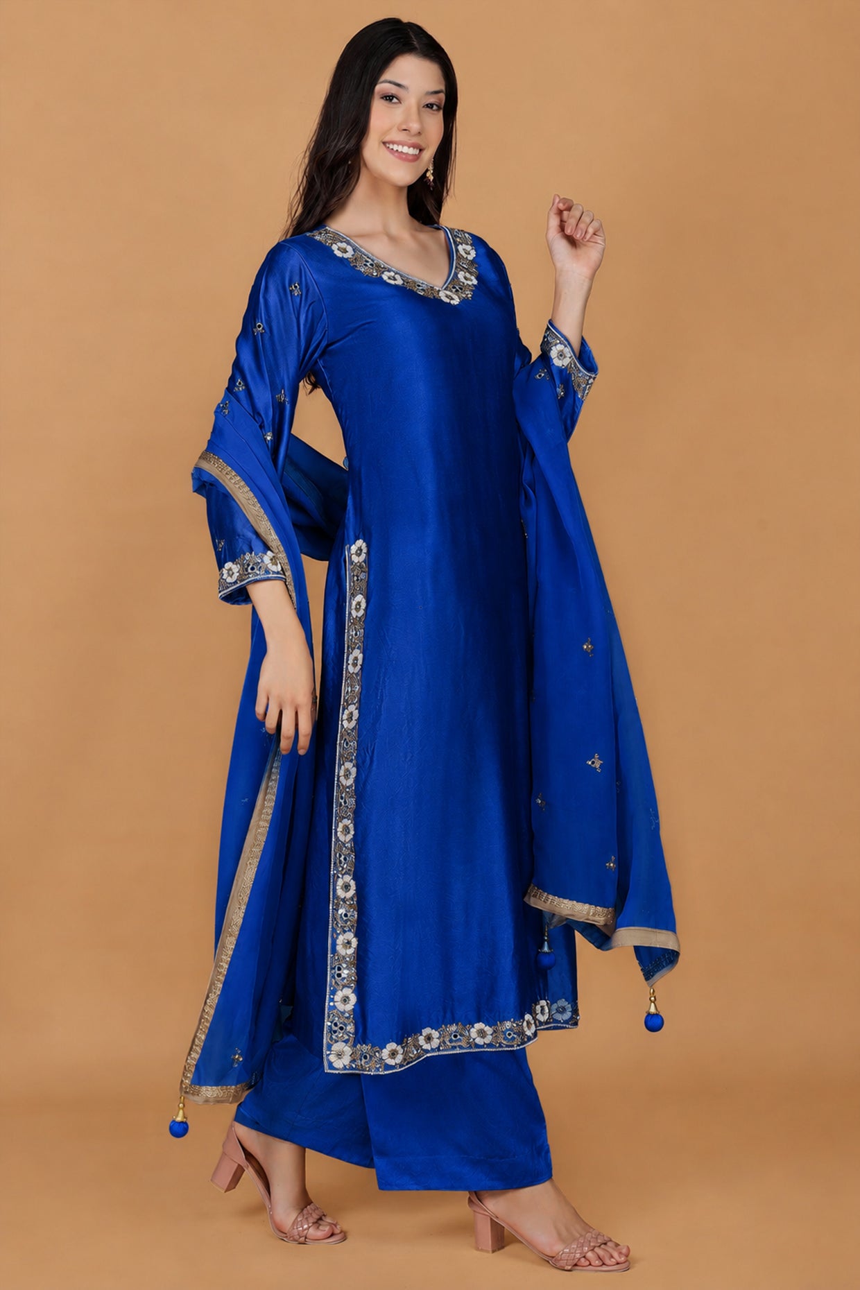 Royal Blue Self Katan Kurta Pant Set With Cutdana Pearl Mirror Embroiderey And Organza Duppatta