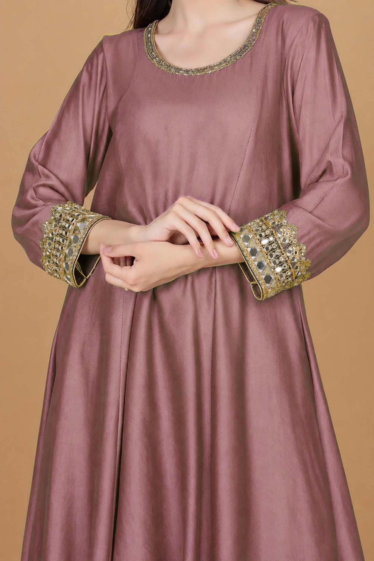 Earthy Pink Self Katan Kurta And Pant With Mirror Work And Georggette Duppatta .