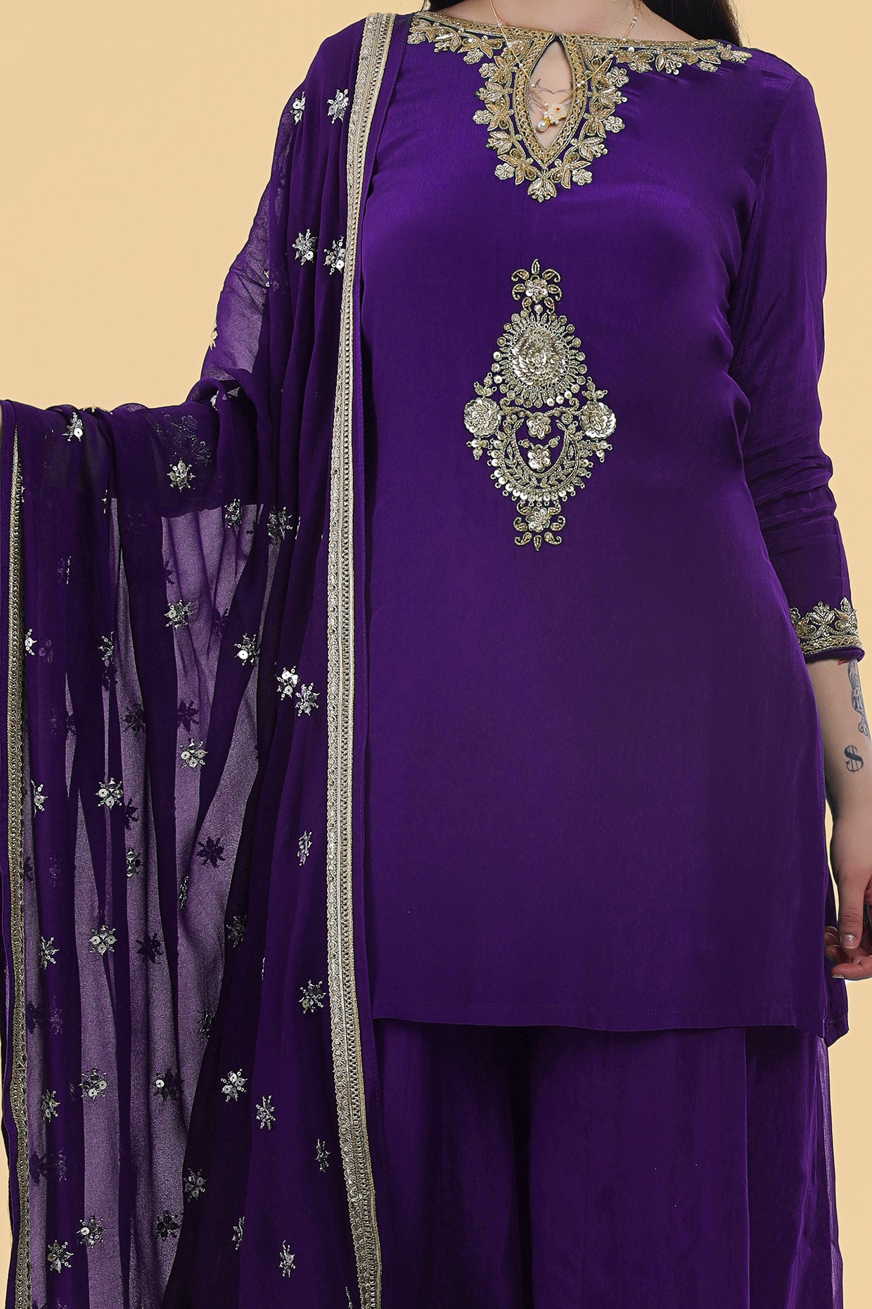 Purple Crepe Kurta Sharara Set