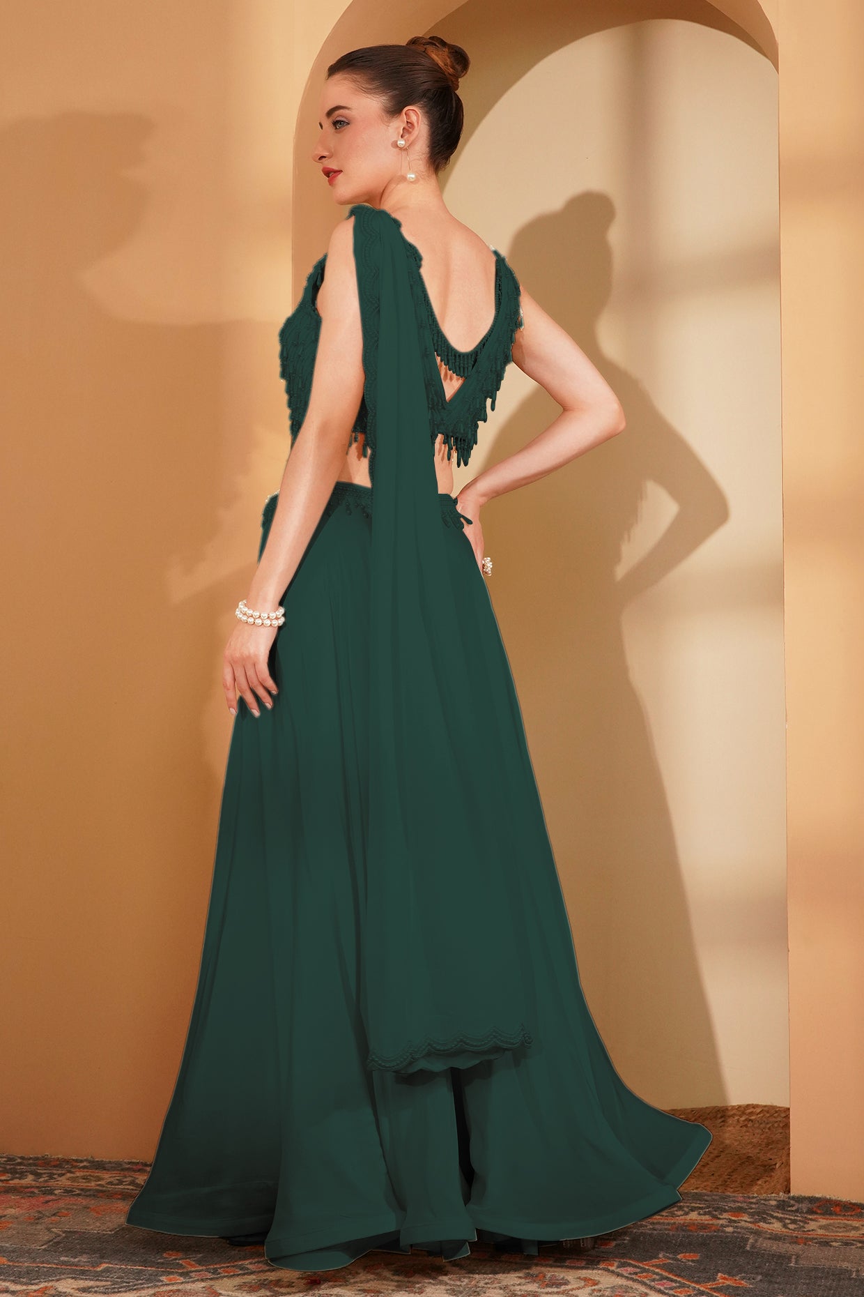 Dark Green Crepe Pearlwork Sharara Set