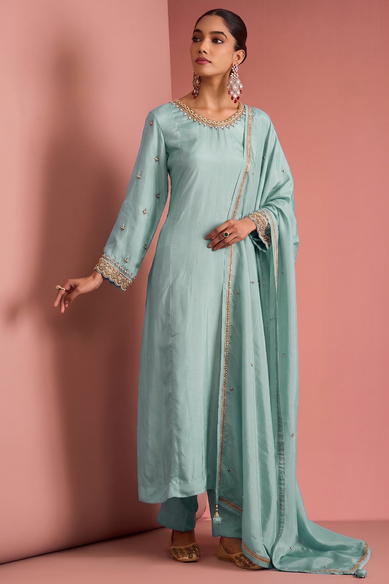 Light Teal Opara Silk Kurta Set With Hand Embroidery