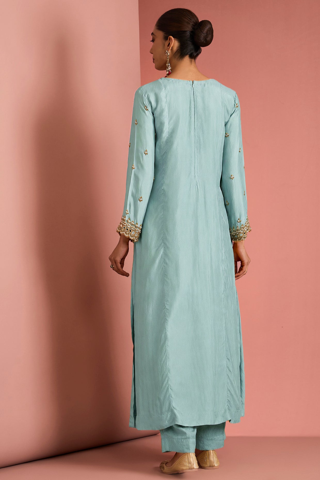 Light Teal Opara Silk Kurta Set With Hand Embroidery