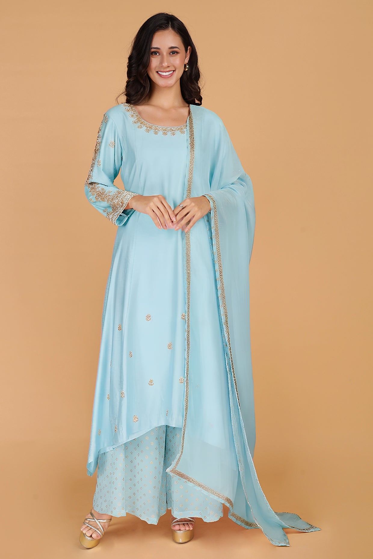 Light Blue Katan Silk Sharara Set With Beads And Pearl Embroidery