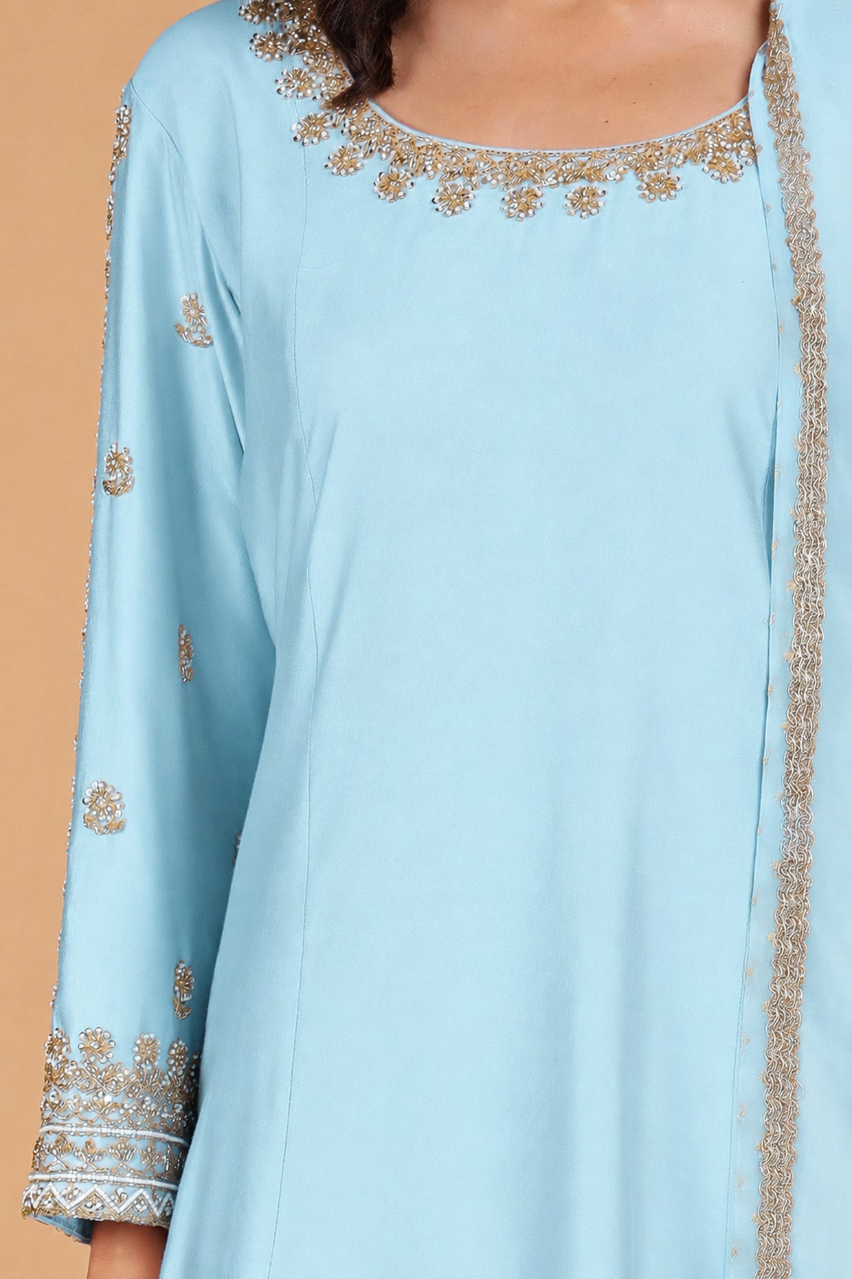 Light Blue Katan Silk Sharara Set With Beads And Pearl Embroidery