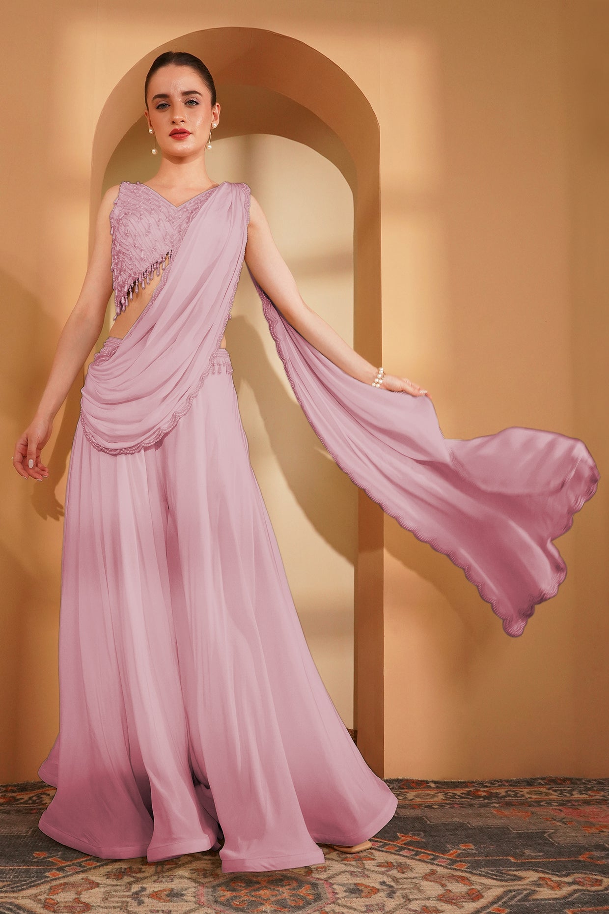 Pink Crepe Pearlwork Sharara Set