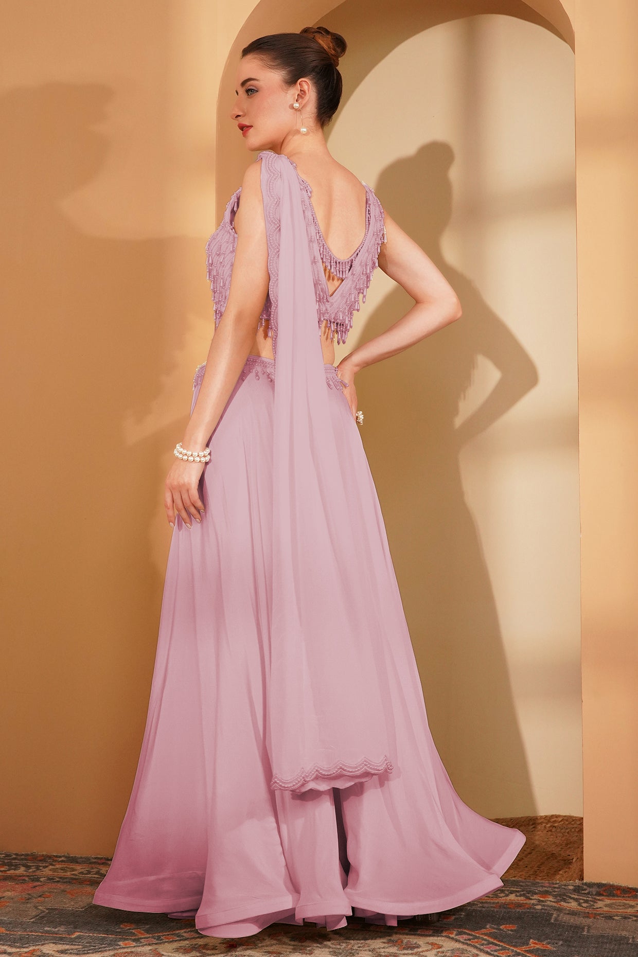 Pink Crepe Pearlwork Sharara Set
