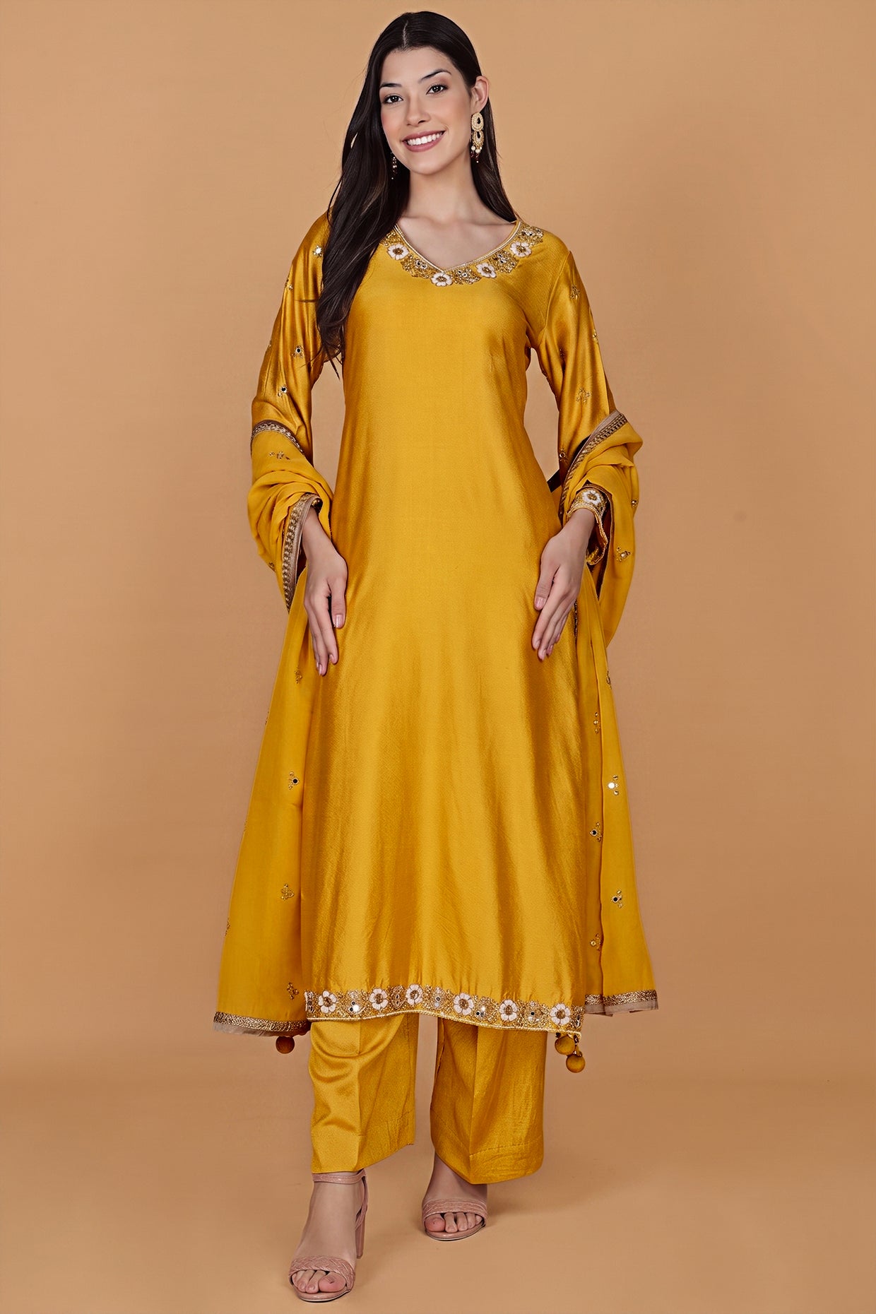 Mustard Self Katan Kurta Pant Set With Cutdana Pearl Mirror Embroiderey And Organza Duppatta