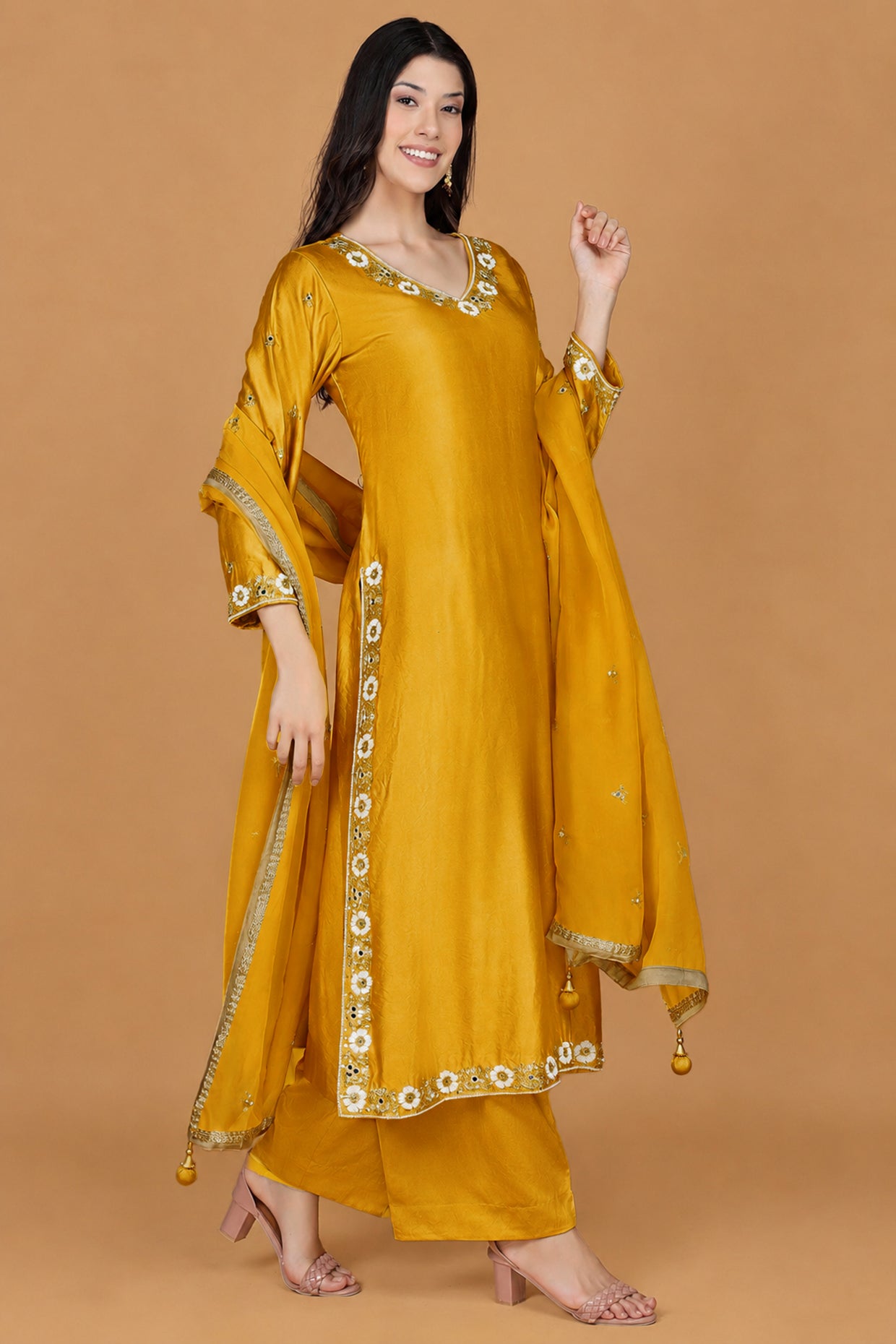 Mustard Self Katan Kurta Pant Set With Cutdana Pearl Mirror Embroiderey And Organza Duppatta