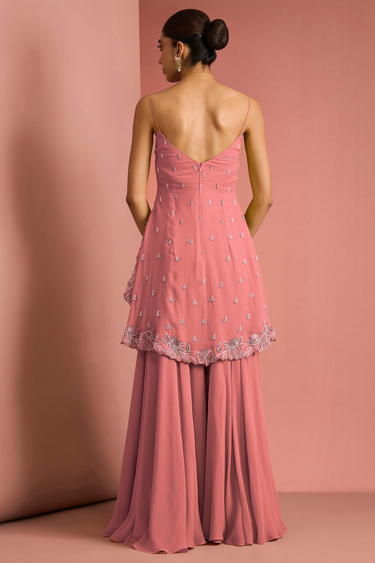 Coral Crepe Bead Work Sharara Set