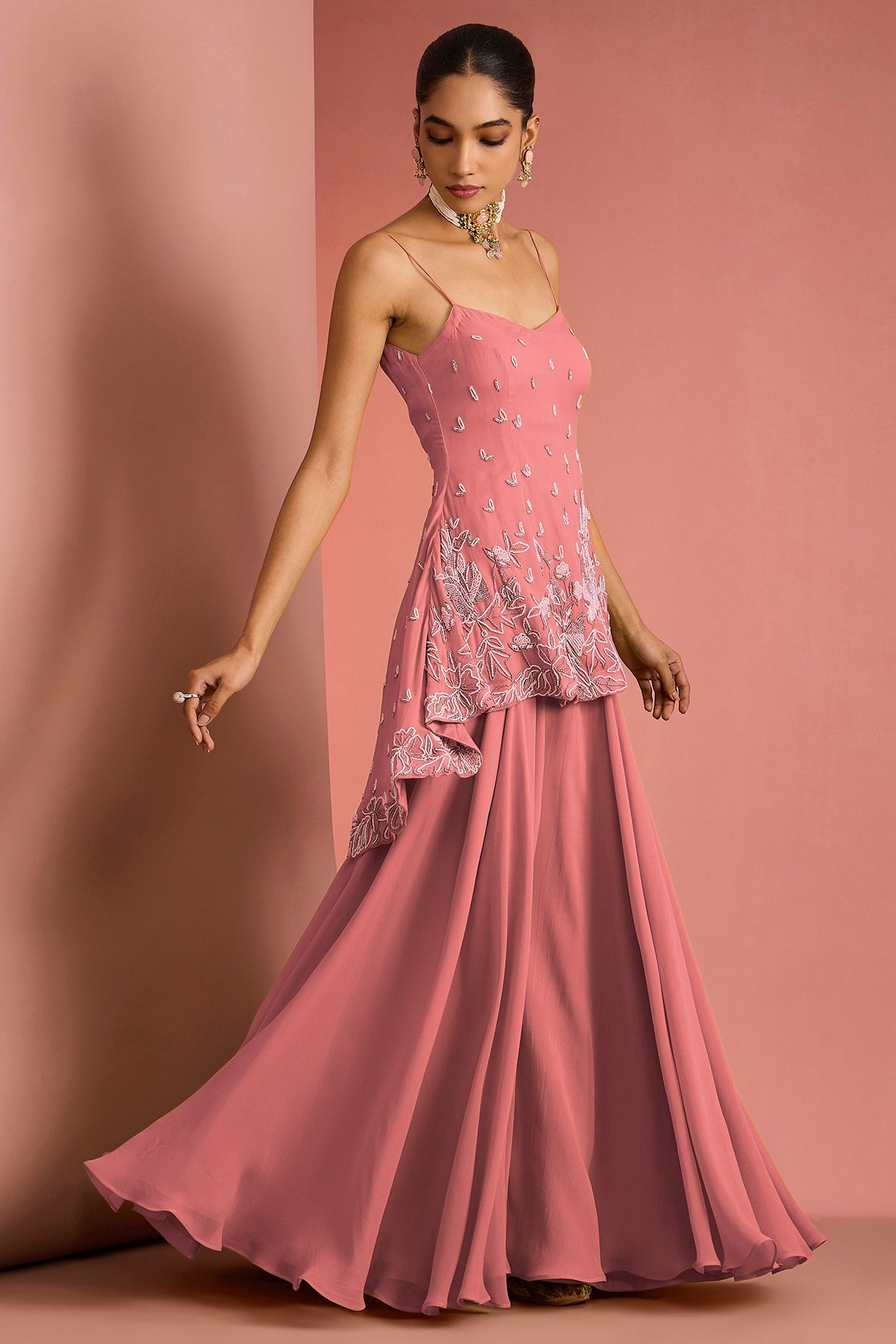 Coral Crepe Bead Work Sharara Set