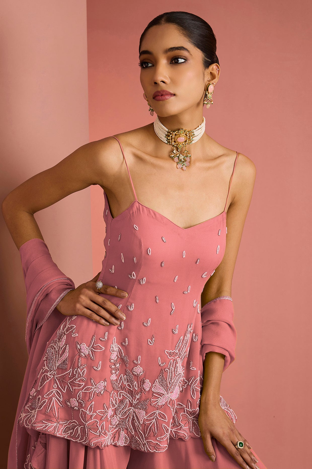 Coral Crepe Bead Work Sharara Set