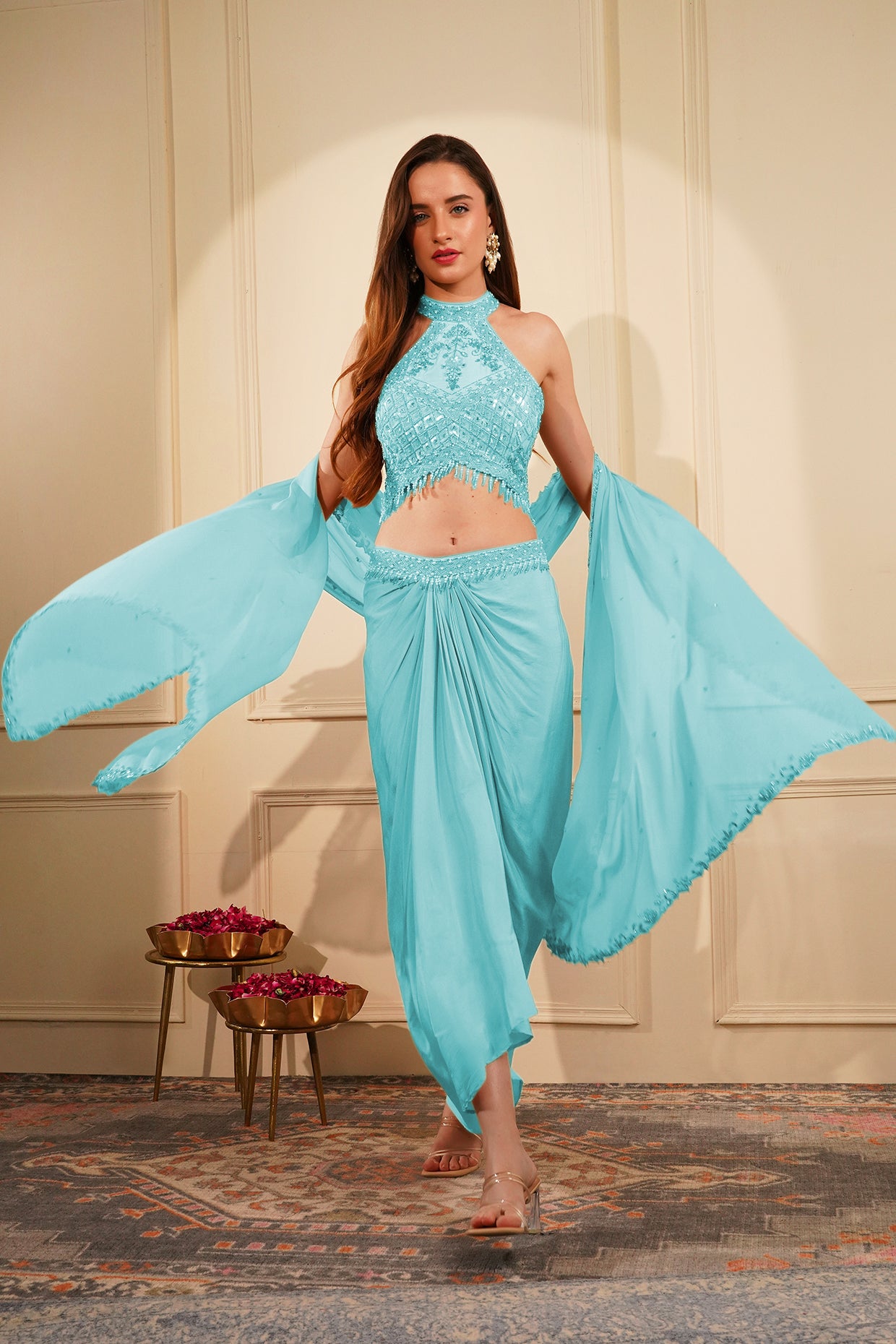 Light Blue Crepe Drape Skirt Set With Heavy Hand Embroidered Halter Blouse And Dupatta