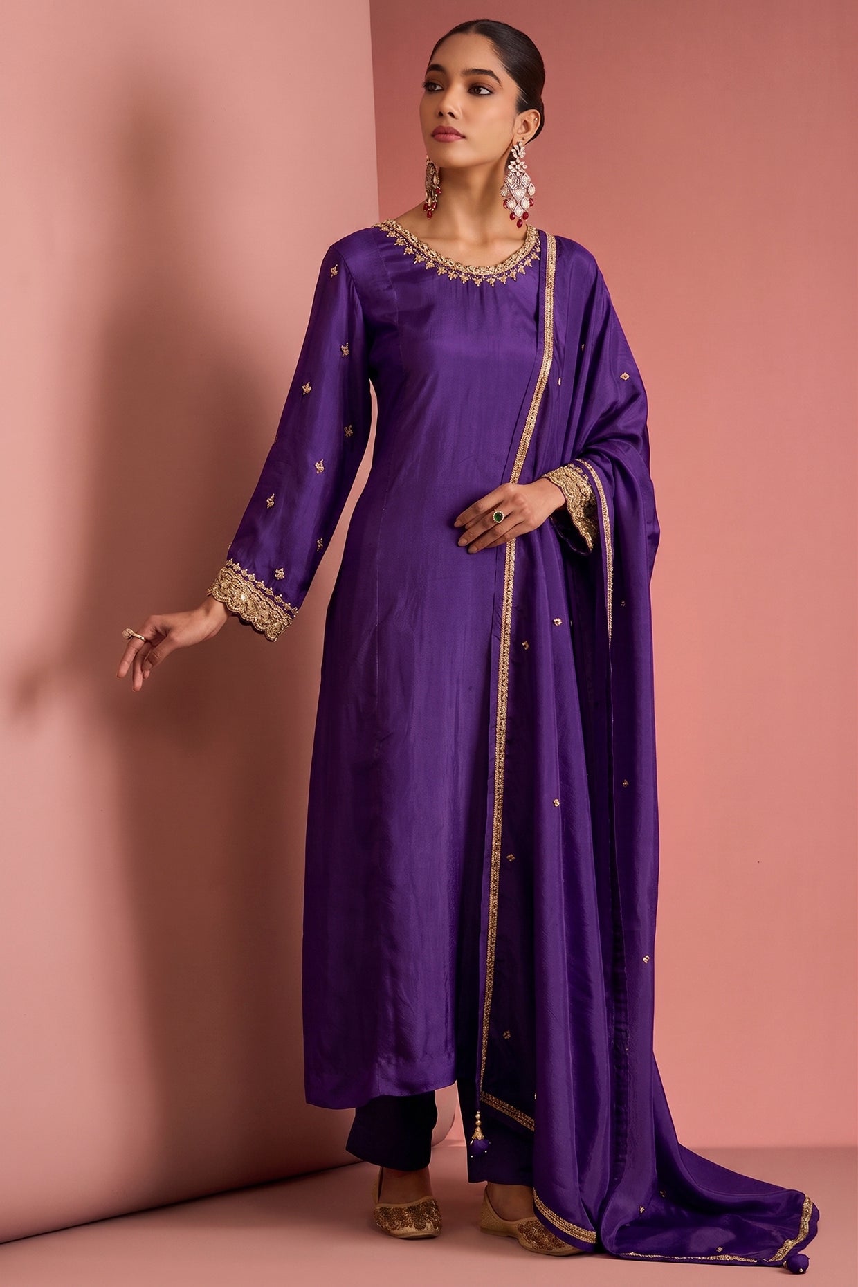 Dark Purple Opara Silk Kurta Set With Hand Embroidery
