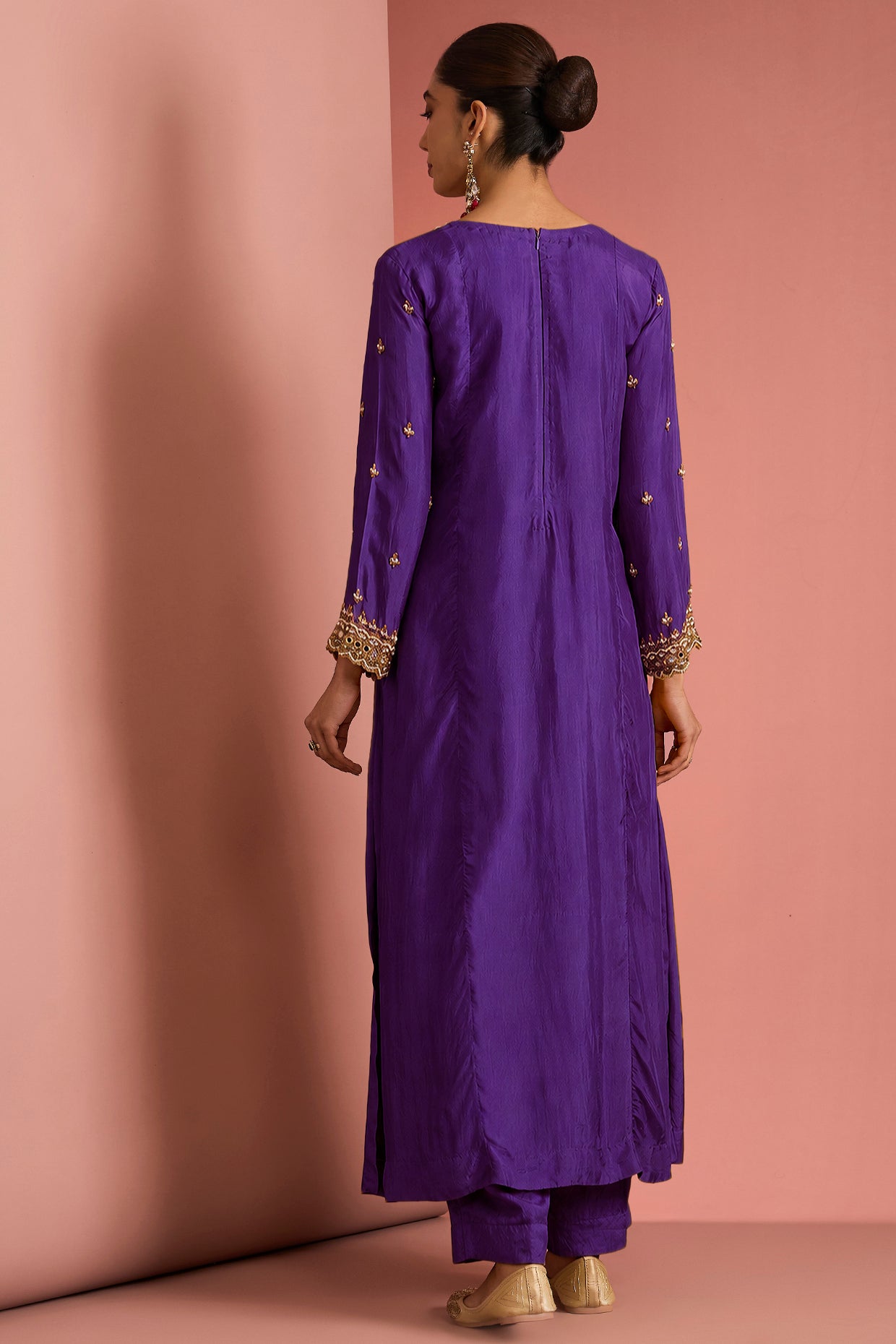 Dark Purple Opara Silk Kurta Set With Hand Embroidery