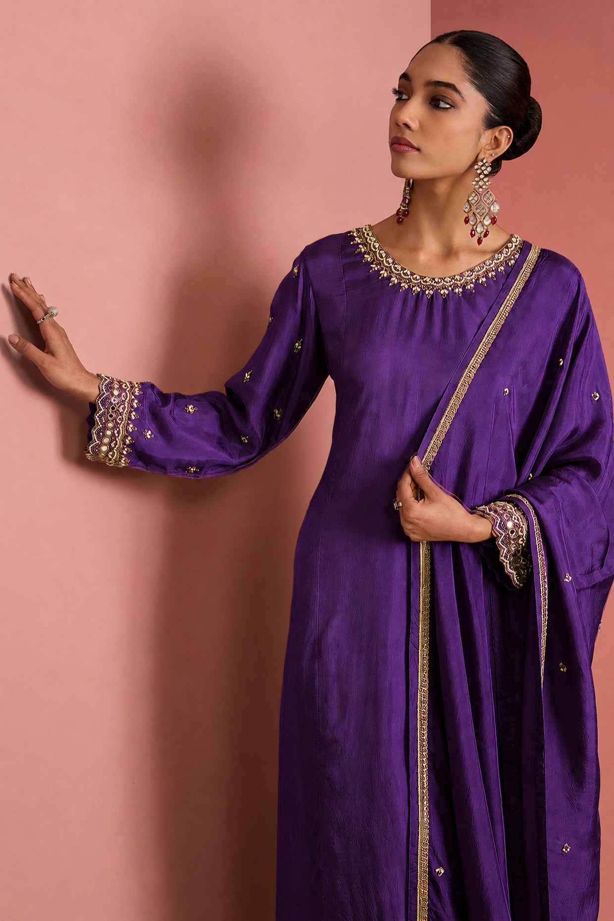 Dark Purple Opara Silk Kurta Set With Hand Embroidery