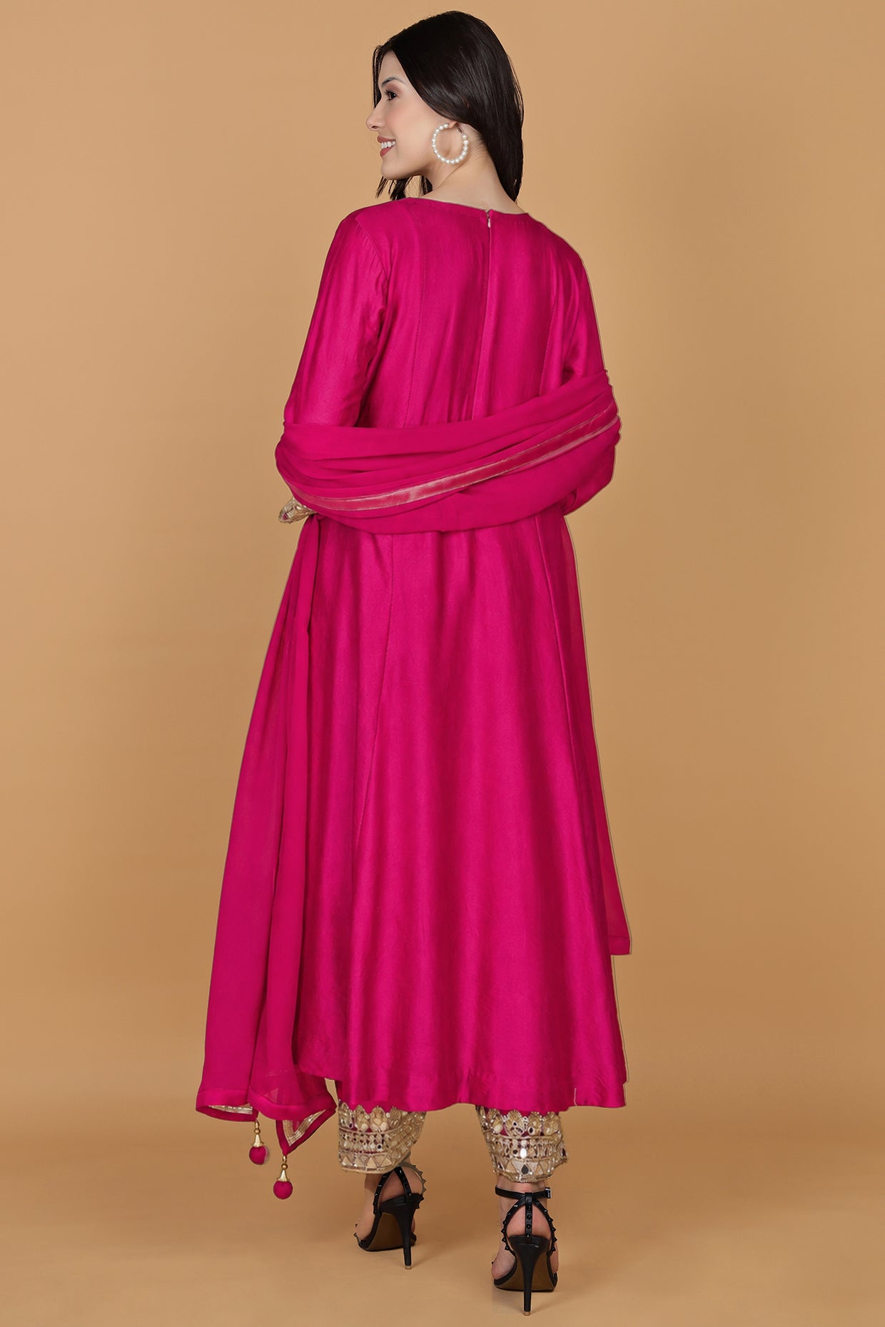 Fuscia Self Katan Kurta And Pant With Mirror Work And Georggette Duppatta .