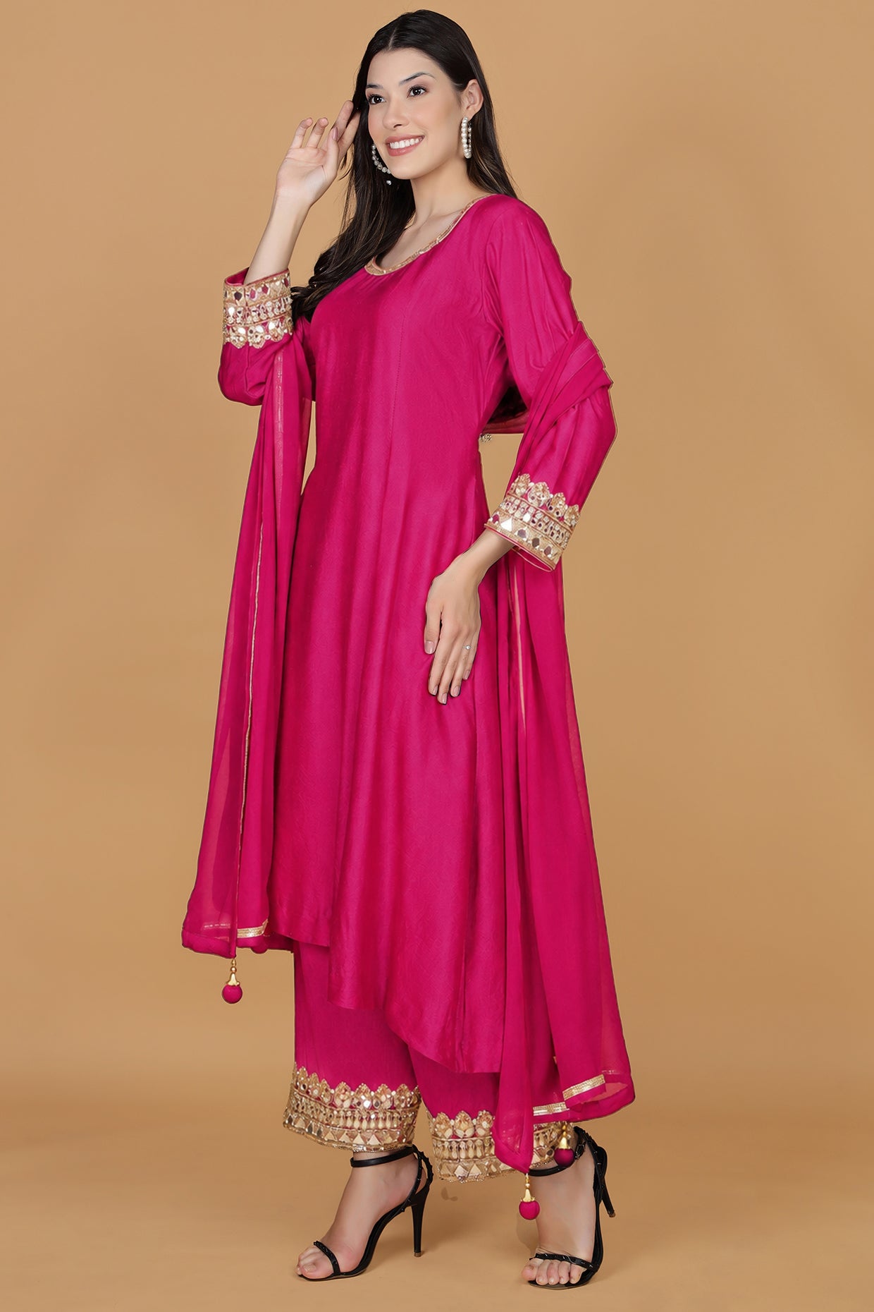 Fuscia Self Katan Kurta And Pant With Mirror Work And Georggette Duppatta .