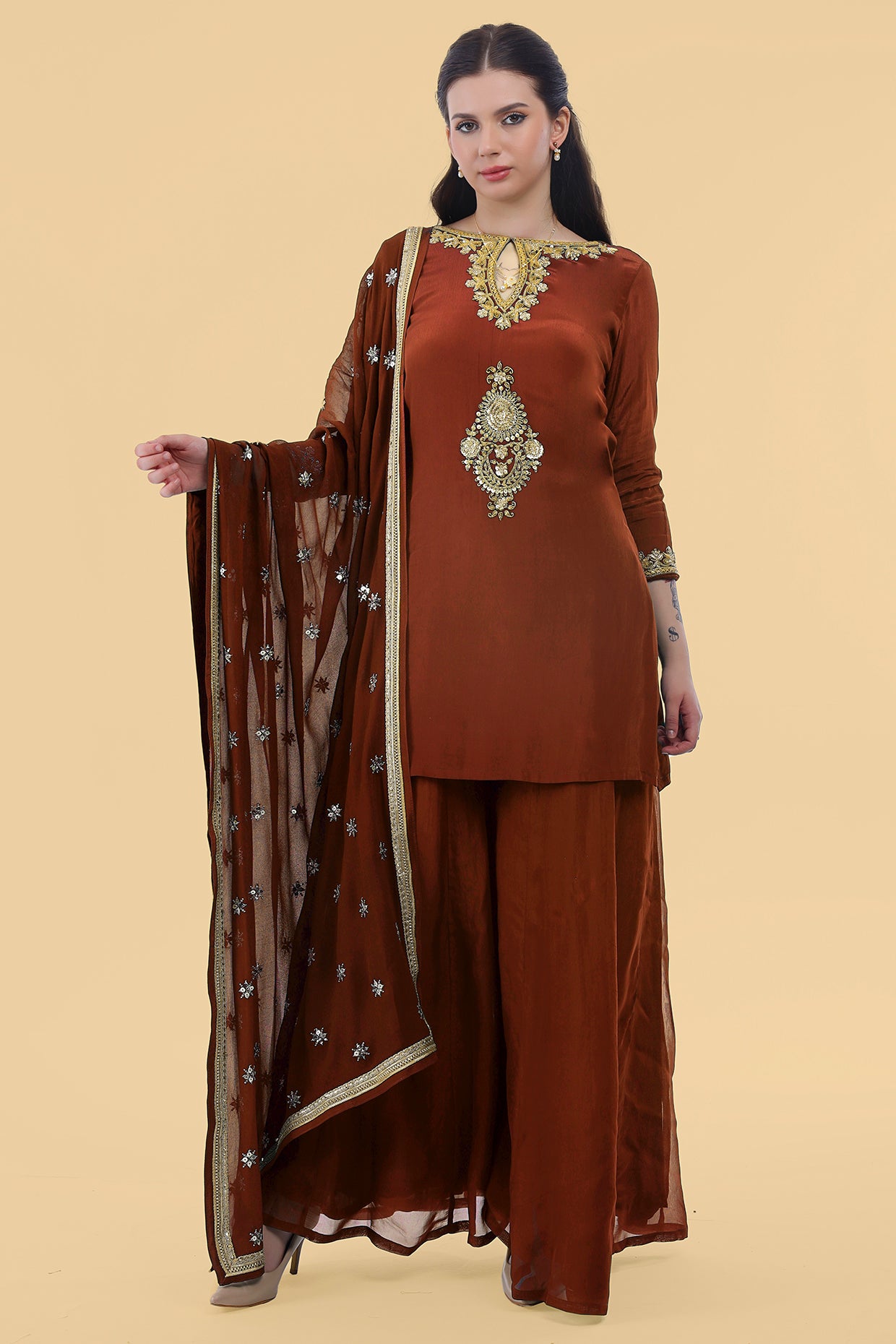 Brown Crepe Kurta Sharara Set With Hand Embroidery