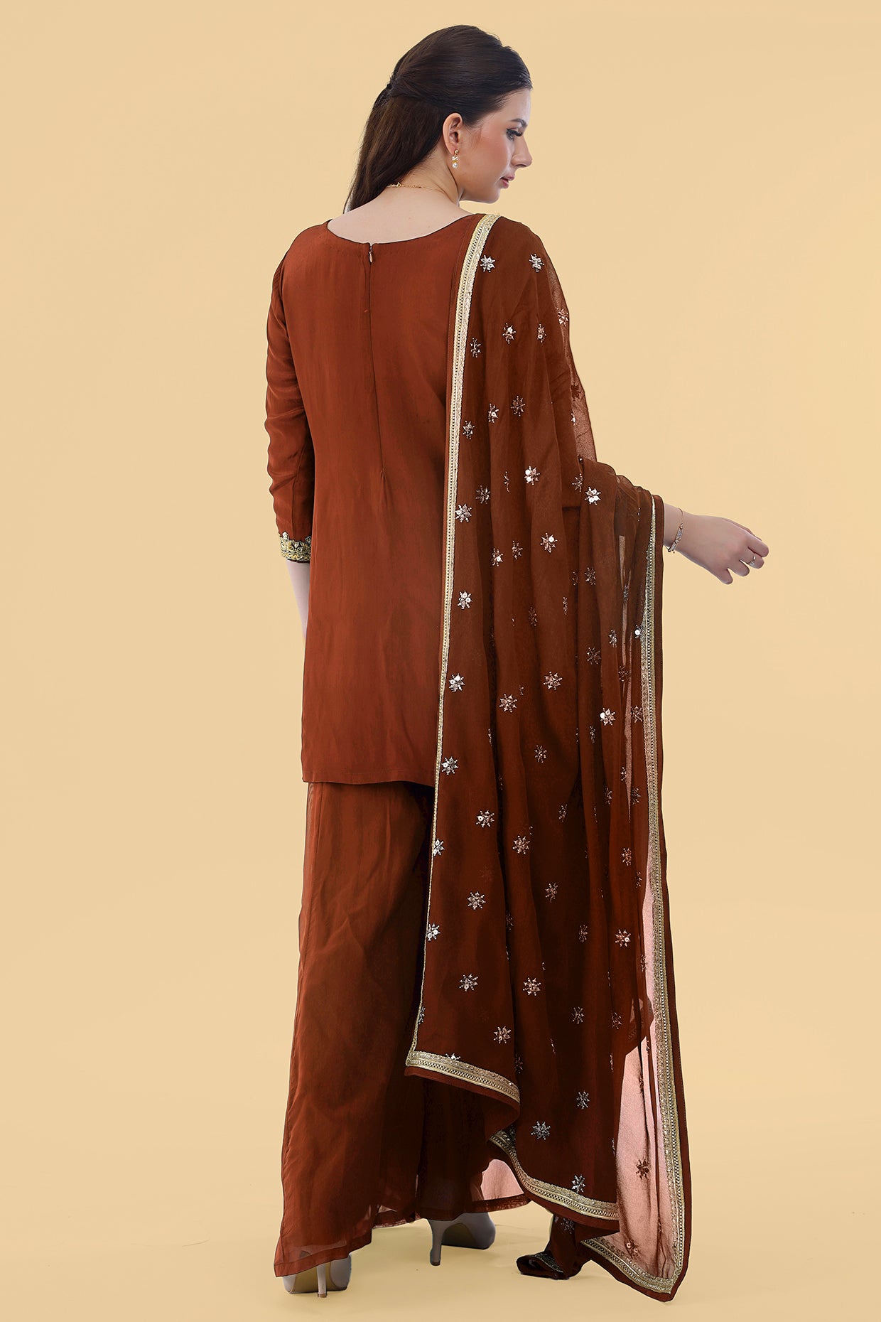Brown Crepe Kurta Sharara Set With Hand Embroidery