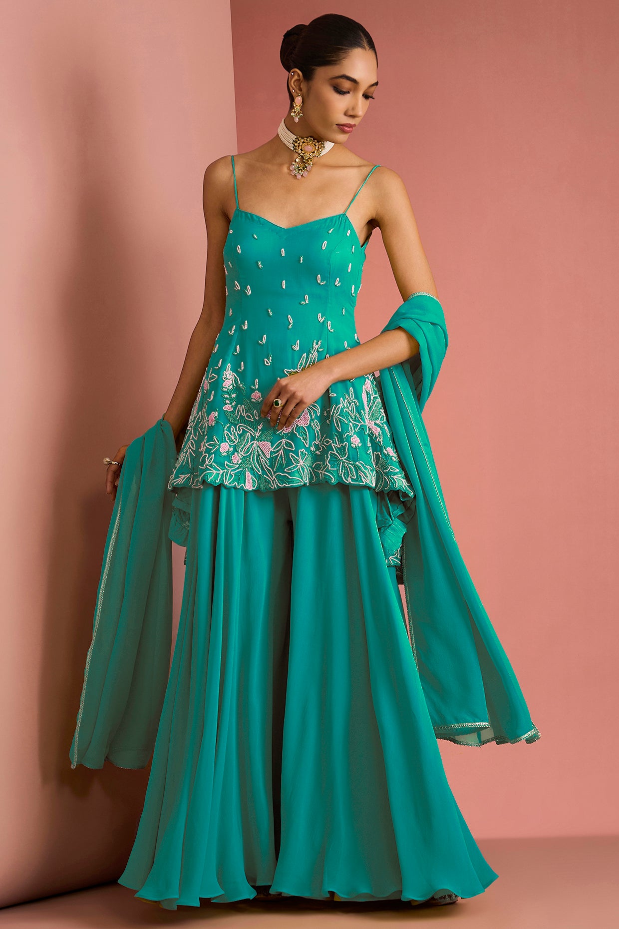 Sea Green Crepe Bead Work Sharara Set