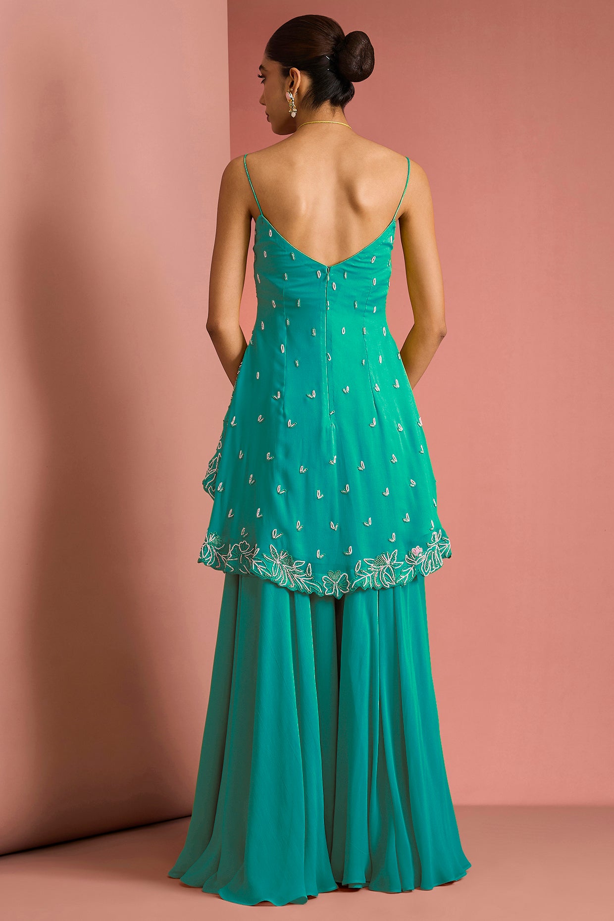 Sea Green Crepe Bead Work Sharara Set