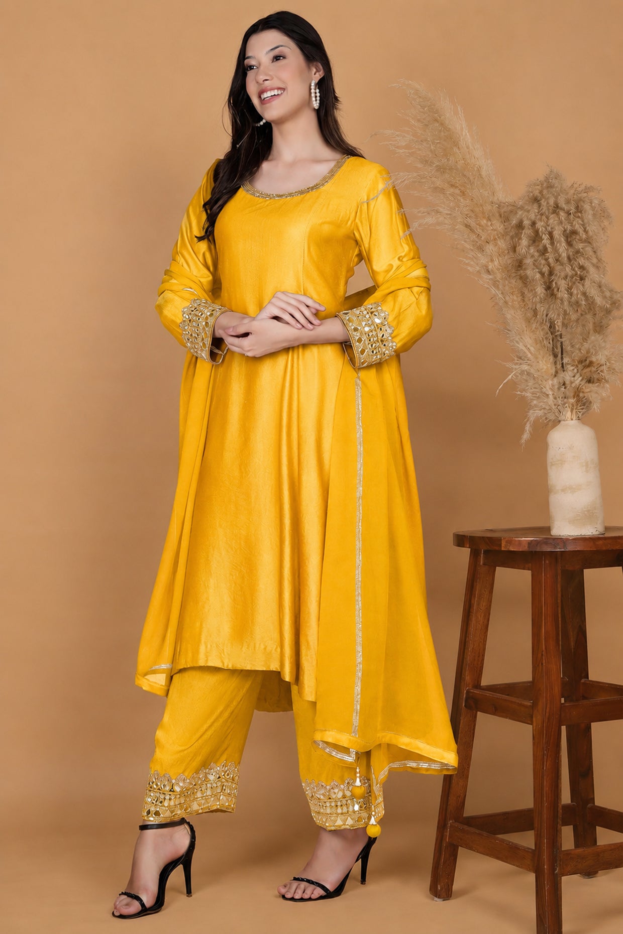 Yellow Mustard Self Katan Kurta And Pant With Mirror Work And Georggette Duppatta .