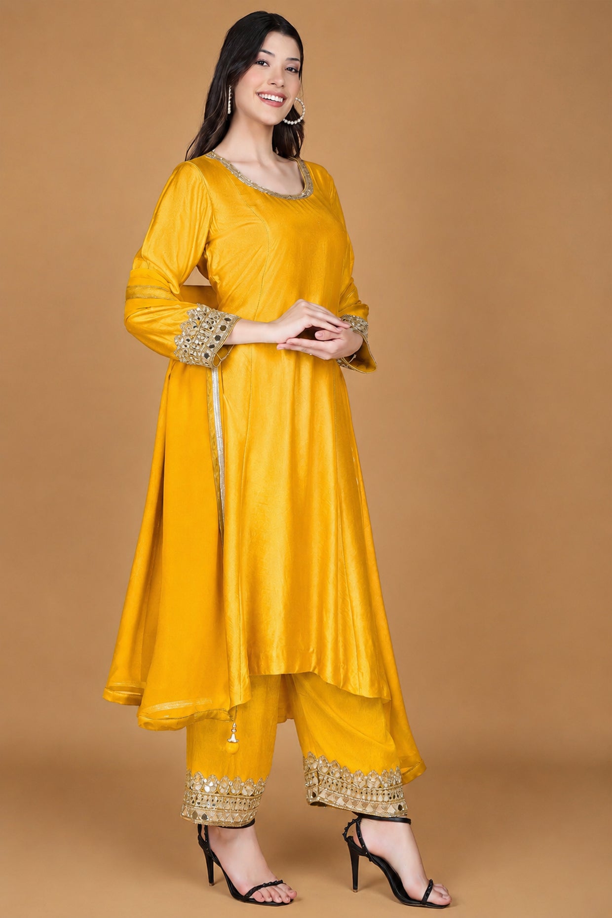 Yellow Mustard Self Katan Kurta And Pant With Mirror Work And Georggette Duppatta .