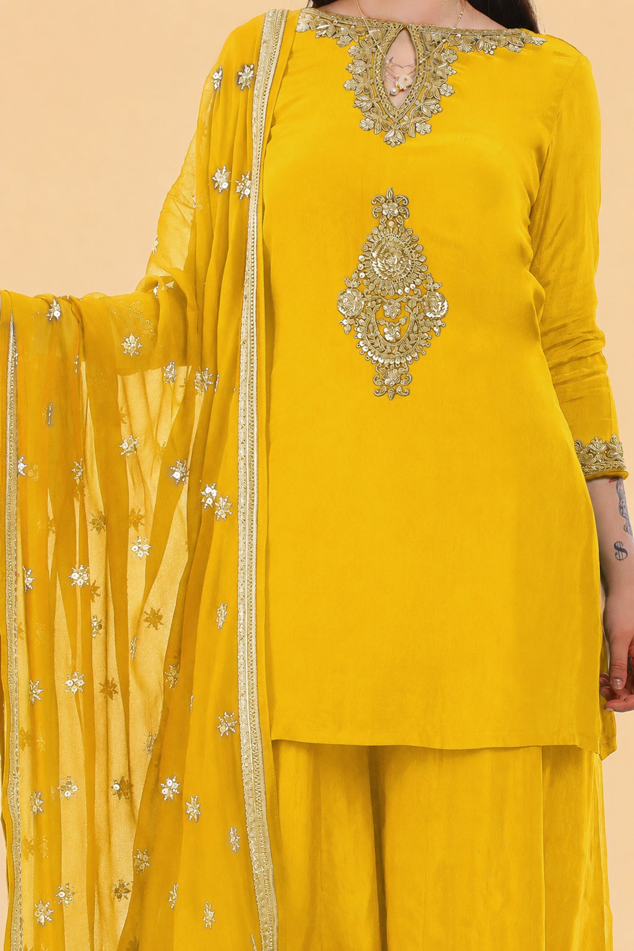 Yellow Crepe Kurta Sharara Set