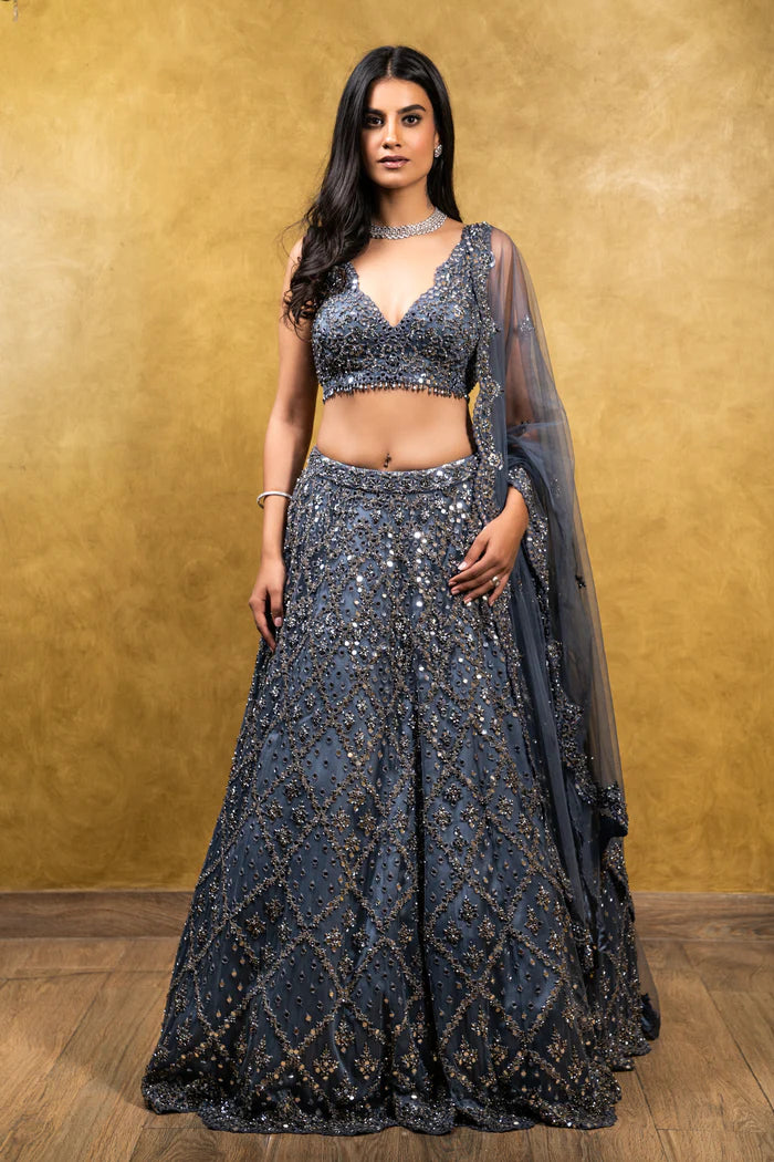 Charcoal Grey Tulle Lehenga