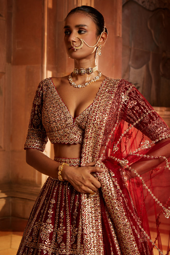Maroon Raw Silk Lehenga Choli and Worked Belt with Tulle Dupatta