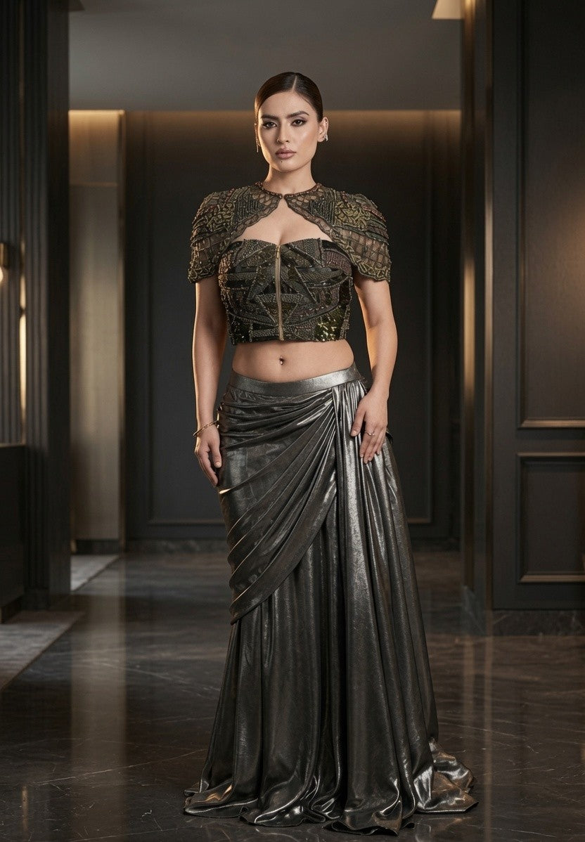 Metallic Drape Skirt Corset and Cape