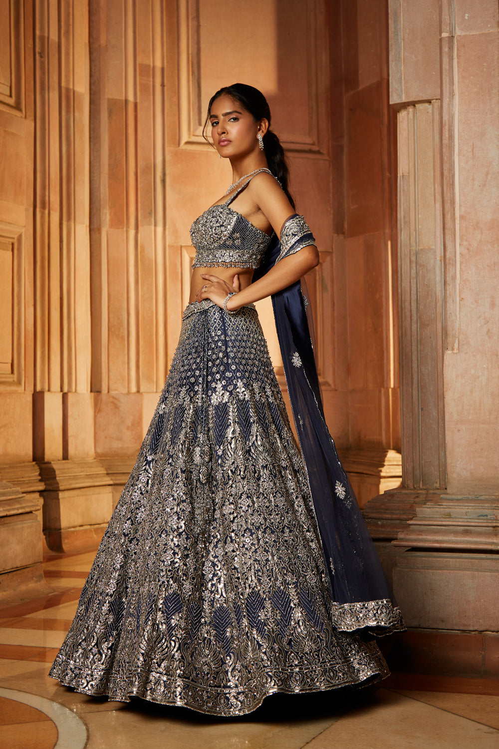Wine Tafetta Lehenga and Belt with Navy Choli and Wine Tissue Dupatta