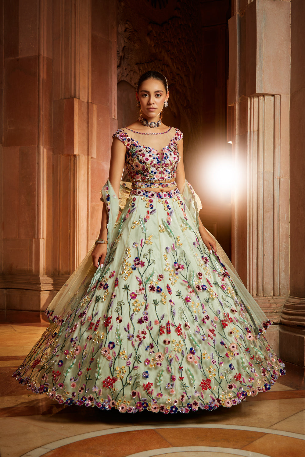 Mint Green Tulle Lehenga Choli Dupatta with a Worked Belt