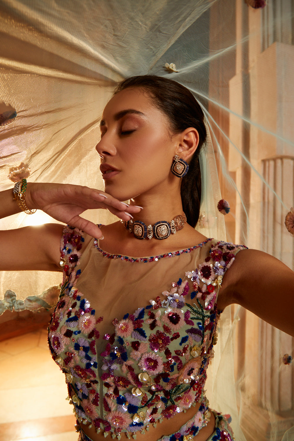 Mint Green Tulle Lehenga Choli Dupatta with a Worked Belt