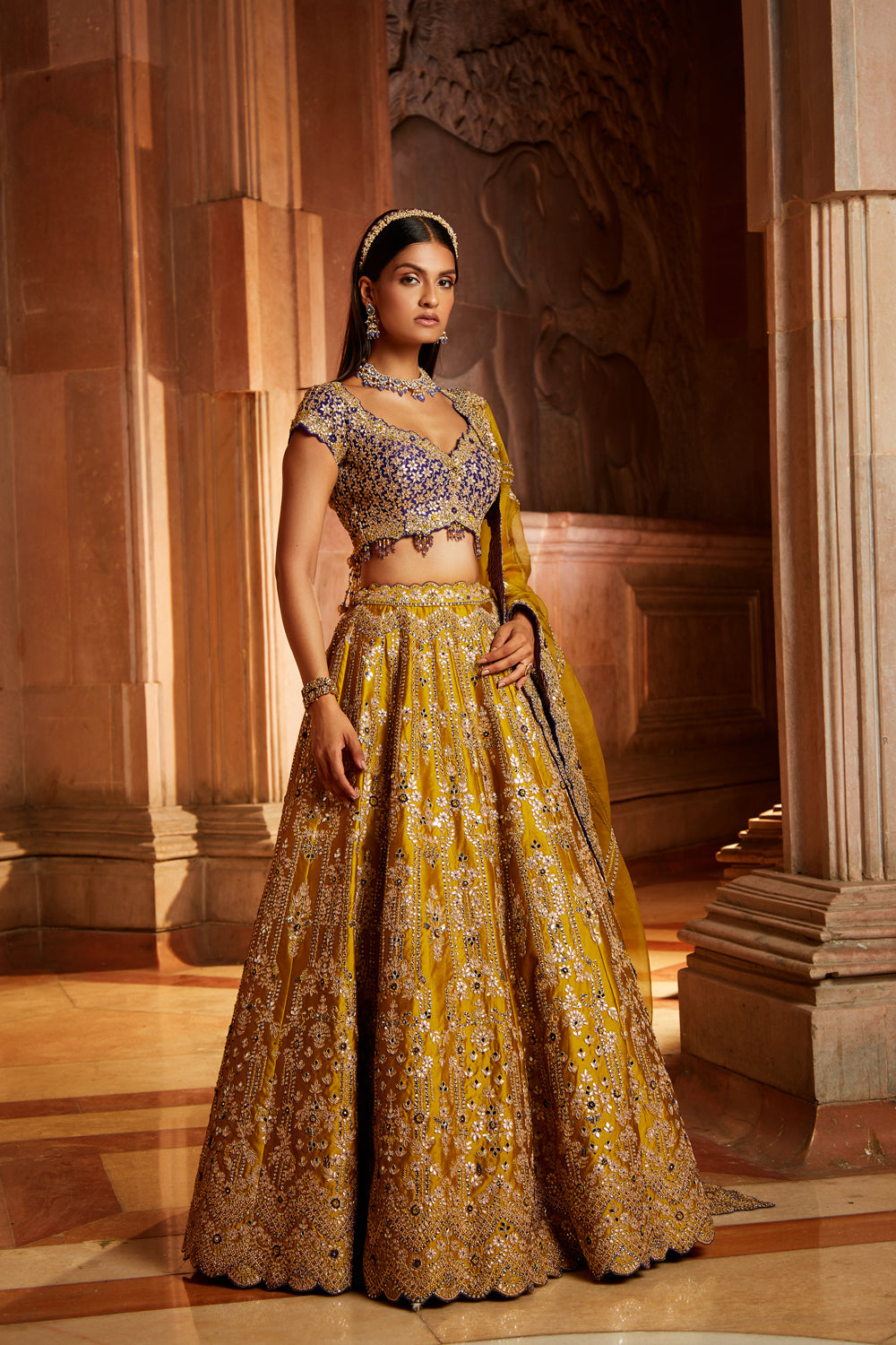 Mustard Tafetta Lehenga Purple Choli Organza Set