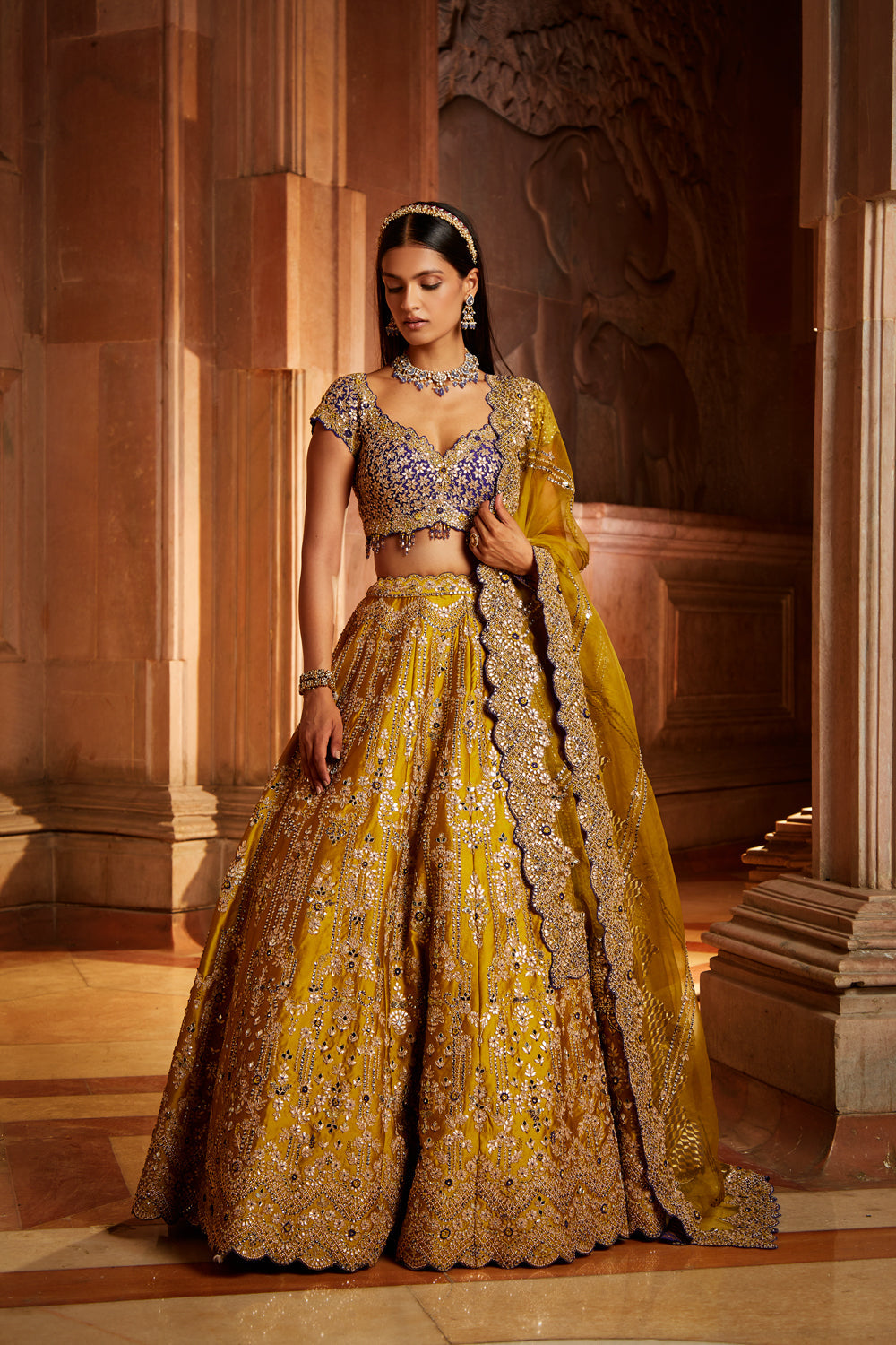 Mustard Tafetta Lehenga Purple Choli Organza Set