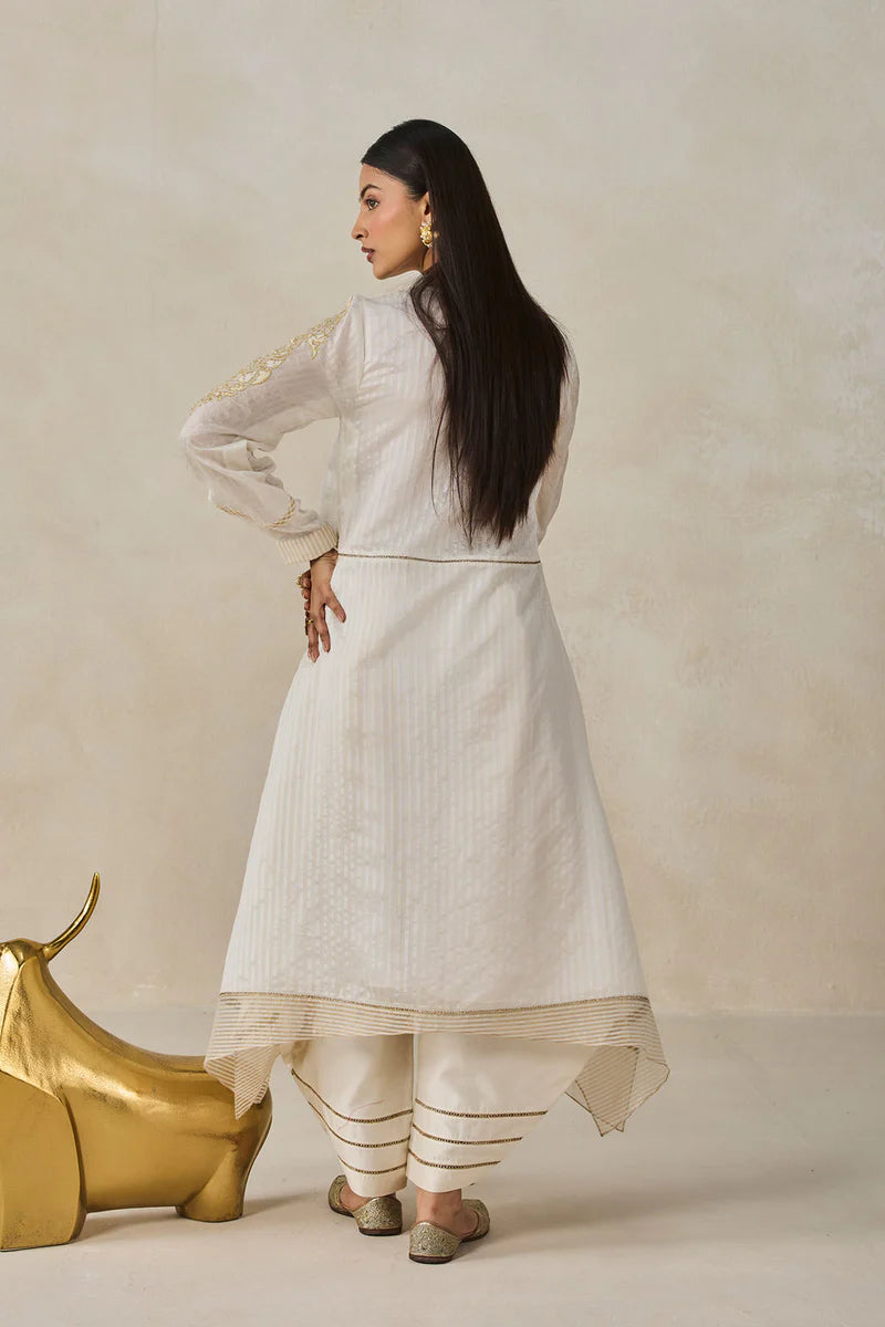 Chanderi Front Open Assymetrical Kurta With Pant