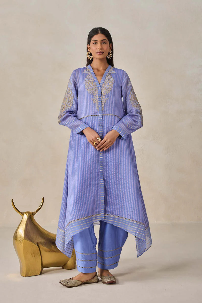 Chanderi Front Open Assymetrical Kurta With Pant
