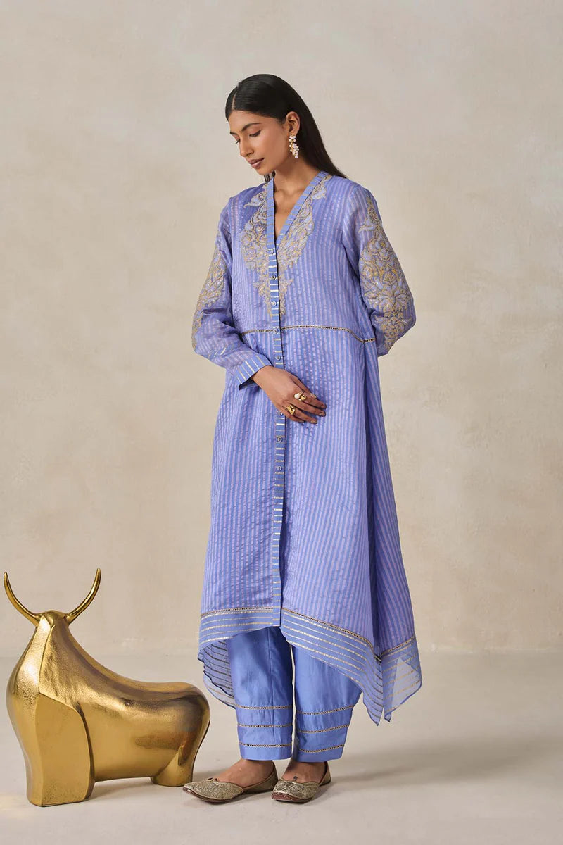 Chanderi Front Open Assymetrical Kurta With Pant