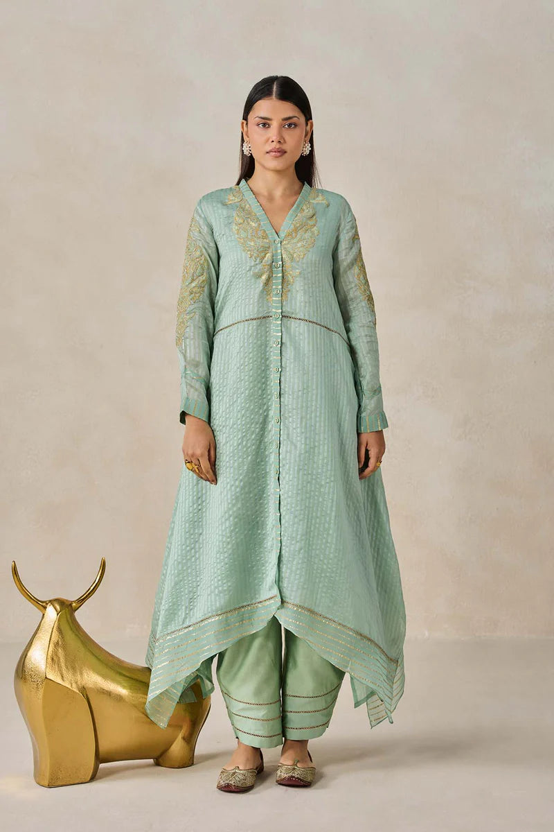 Chanderi Front Open Assymetrical Kurta With Pant