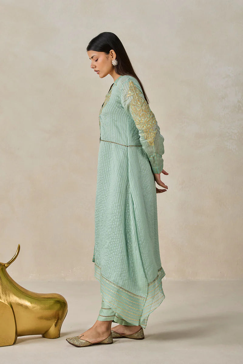 Chanderi Front Open Assymetrical Kurta With Pant